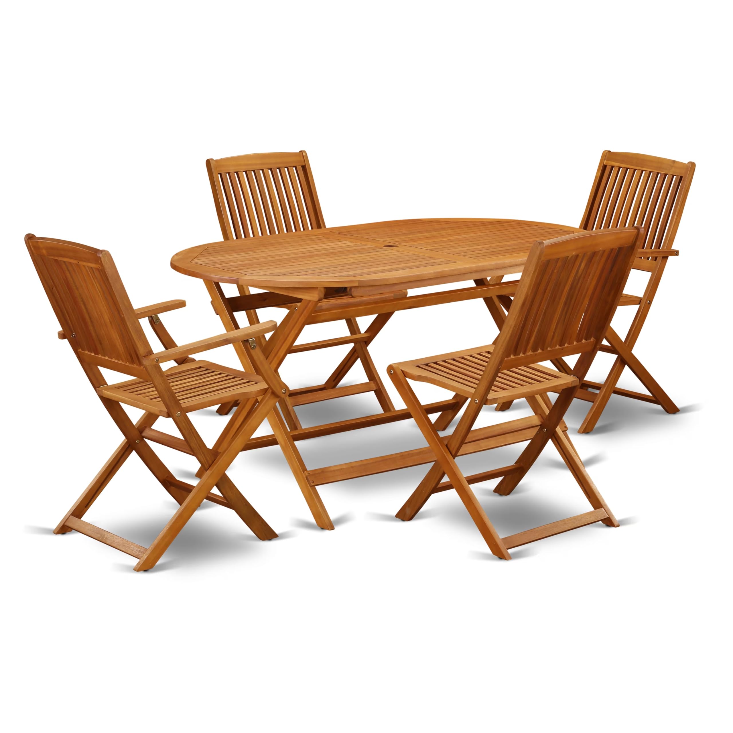 East West Furniture Dicm52Cana 5 Piece Patio Dining Set Includes An Oval Outdoor Acacia Wood Table And 2 Folding Arm Chairs With 2 Side Chairs, 36X60 Inch, Natural Oil