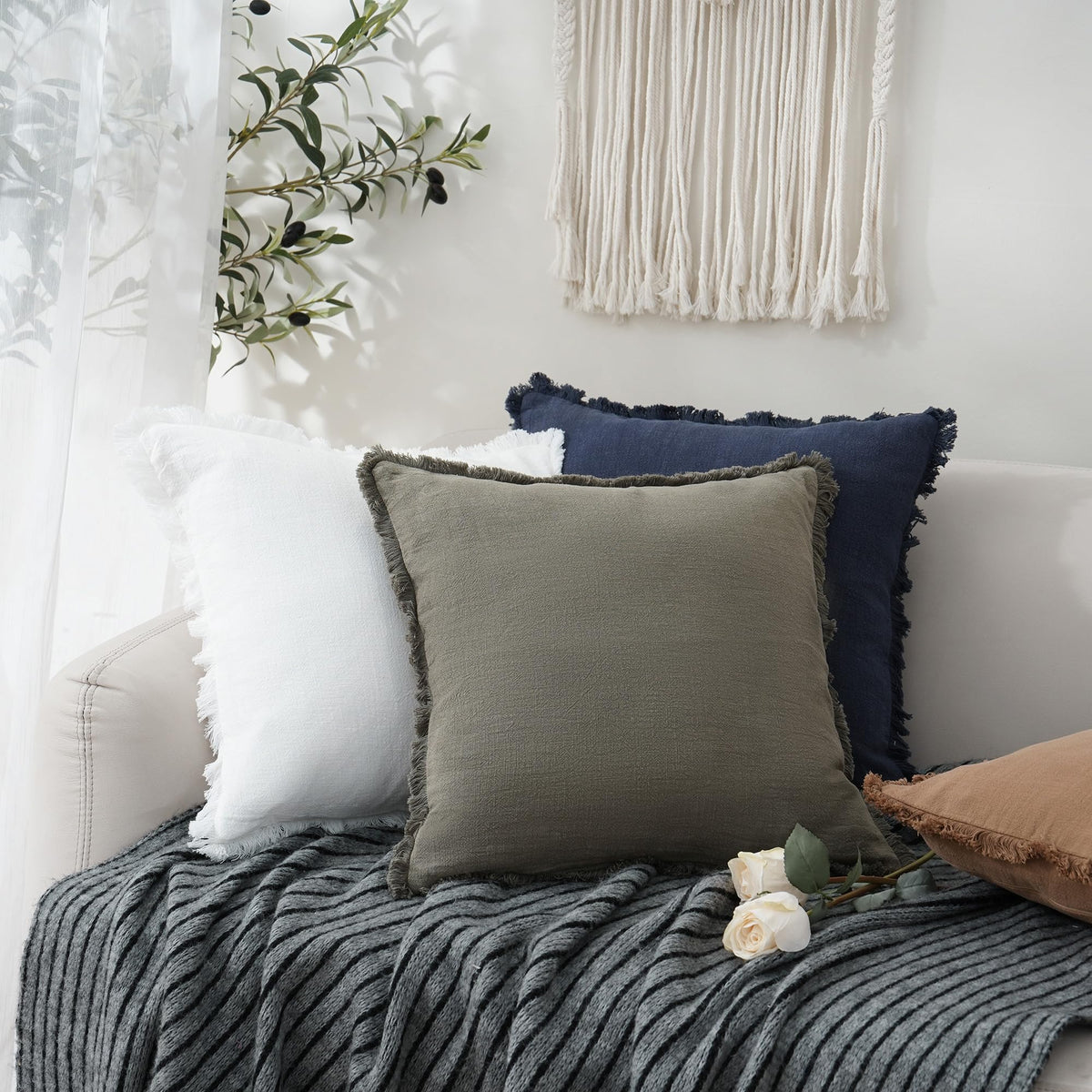 Foindtower Decorative Linen Fringe Throw Pillow Covers Cozy Boho Farmhouse Cushion Cover With Tassel Soft Accent Pillowcase For
