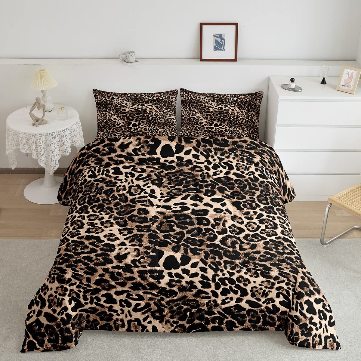 Leopard Comforter Set Full Size Brown Bedding Set 3Pcs For Kids Teens Room Decor,Animal Cheetah Quilt Set Modern Luxury Soft Bre