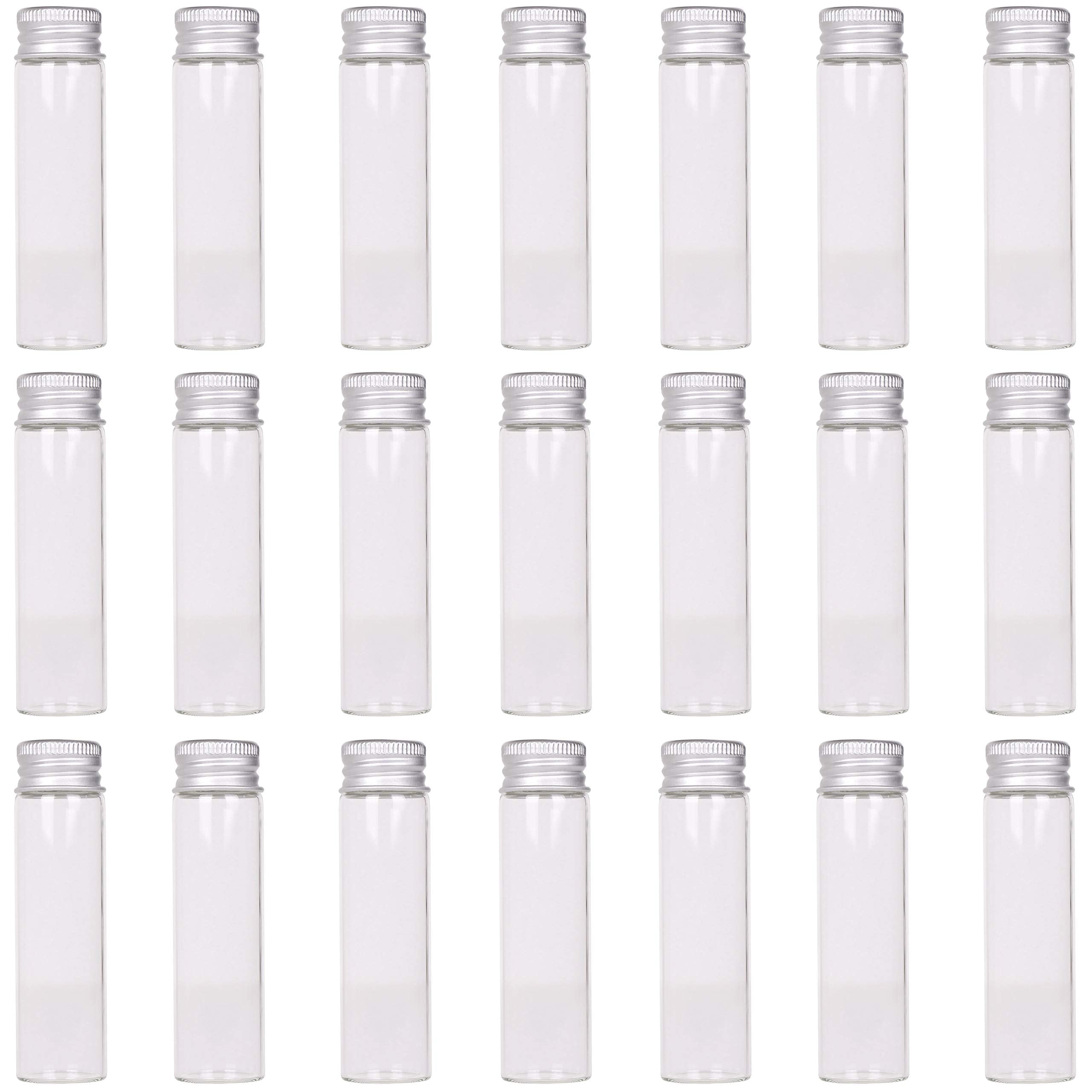 MaxMau 24 Glass Small Bottles 20ml Mini Jars with Screwed Metal Lids Clear Tiny Vials Aluminium Top Caps Sealed Storing Jewelry 
