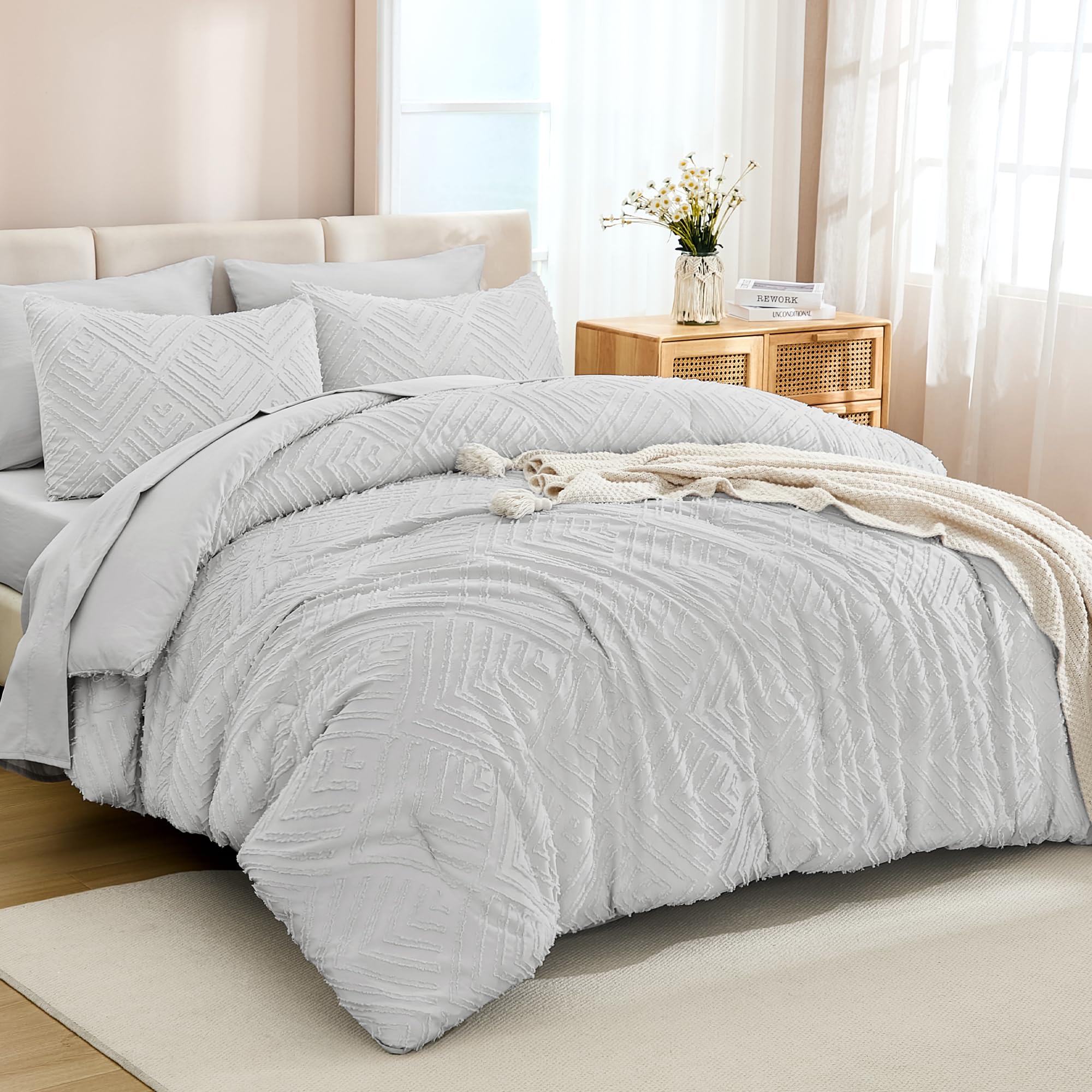 Andency Light Grey Comforter Queen Size Set With Sheets - 7 Pieces Boho Bed In A Bag Tufted Beddding Sets Lightweight All Season