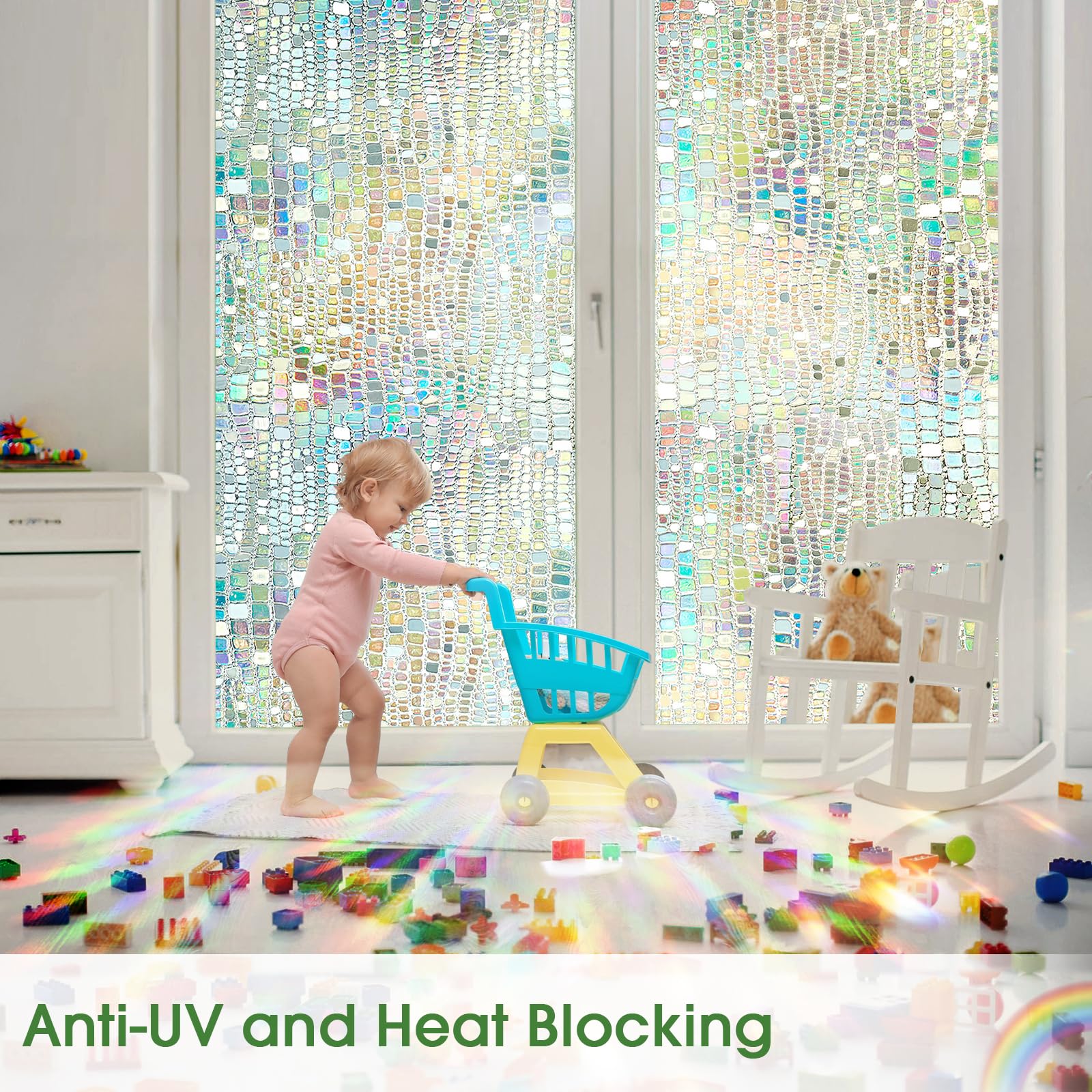 Aliuni Window Privacy Film, Stained Glass Window Films 3D Rainbow Decorative Static Cling Iridescent Window Tint Heat Blocking D