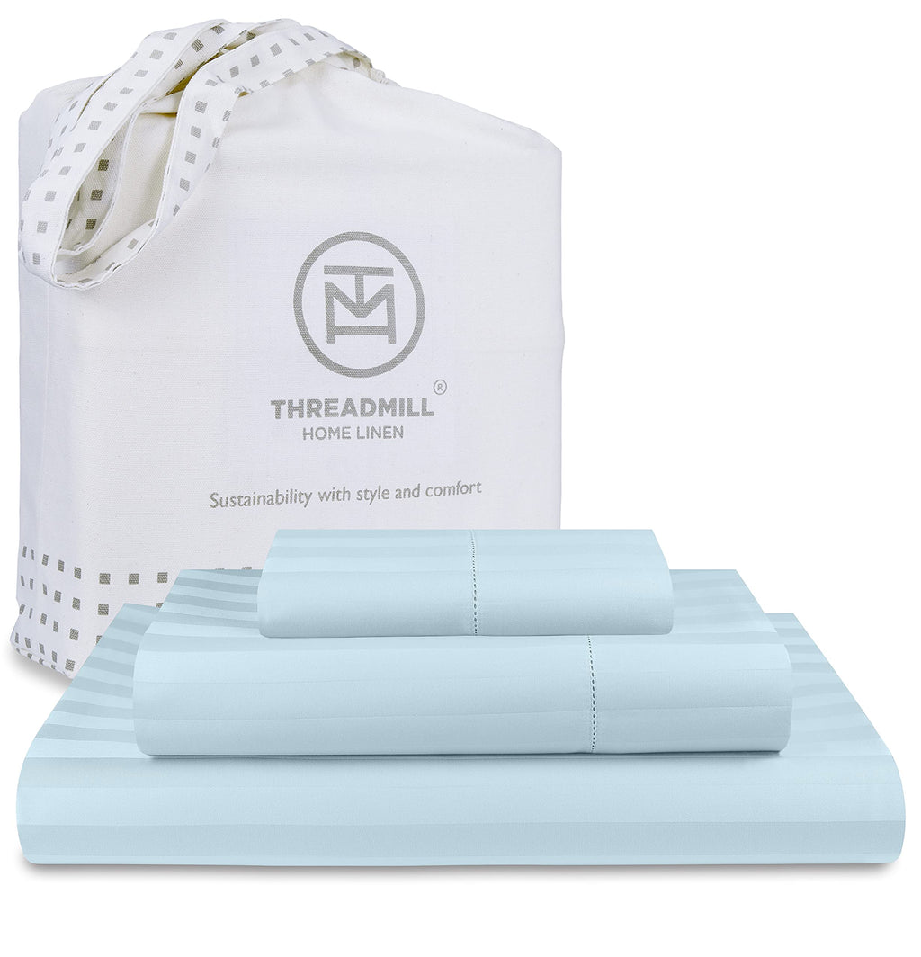 Threadmill 500 Thread Count Twin Size Damask Stripe, 3 Pc Luxury Cotton Bedding Set, Breathable Light Blue Sheets with 15'' Elas