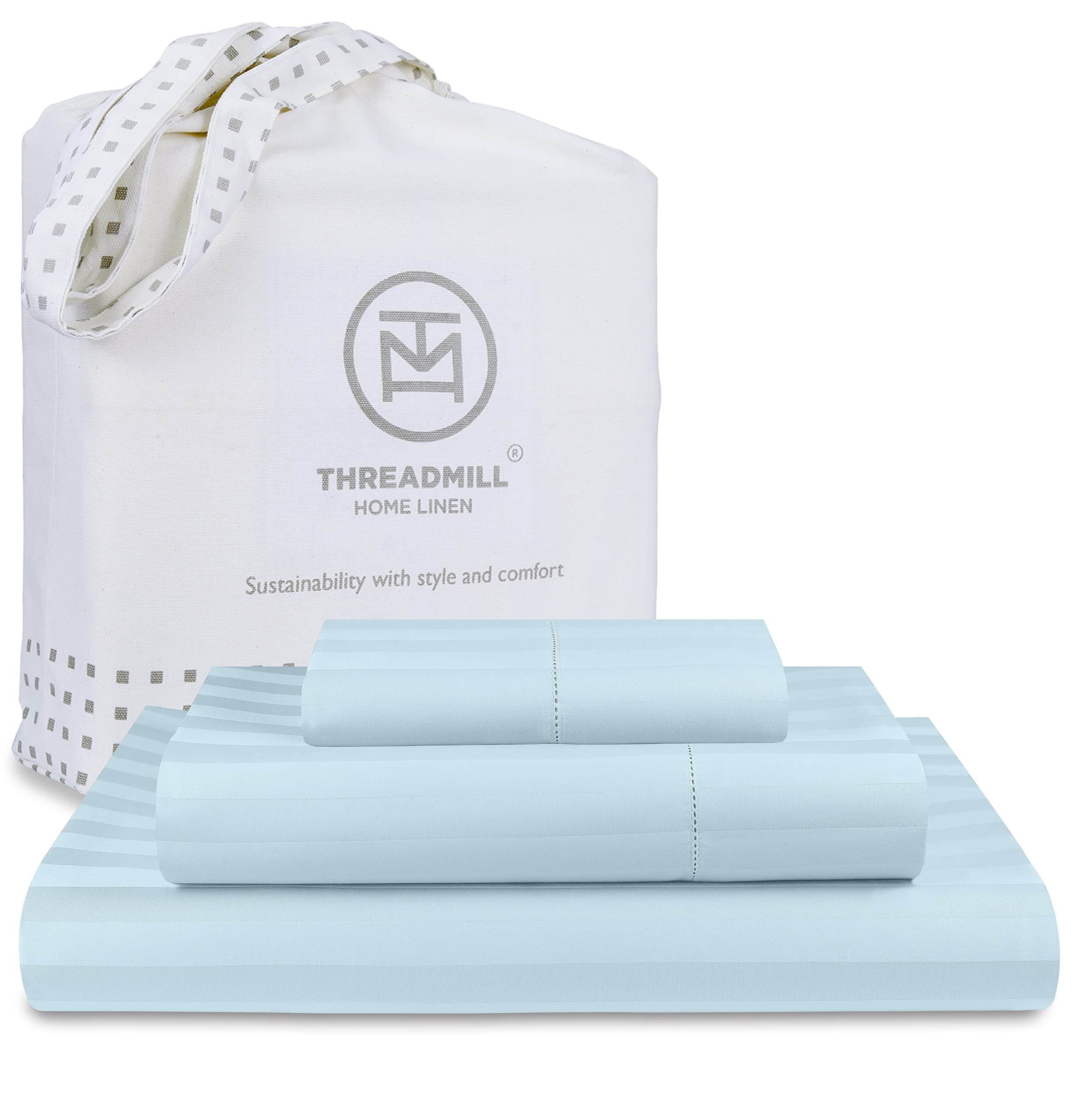 Threadmill 500 Thread Count Twin Size Damask Stripe, 3 Pc Luxury Cotton Bedding Set, Breathable Light Blue Sheets with 15'' Elas
