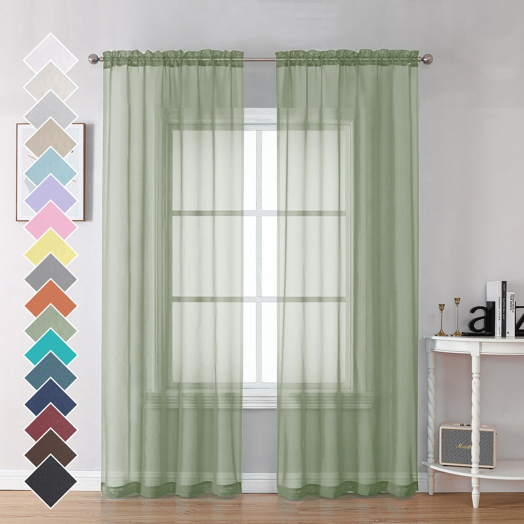 Ovzme 2 Panels Sheer Sage Green Curtains 72 Inches Length Window Treatment For Kitchen, Elegant Airy Transparent Curtain Draperi
