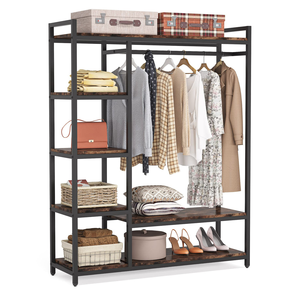 LITTLE TREE Heavy Duty Garment Rack, Portable Closet Wardrobe, 5Tier Metal Shelving Clothing Rack, Freestanding Closet Organize