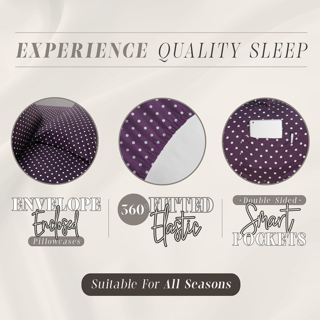 Elegant Comfort Delilah Polkadot 6-Piece Set, Fade & Wrinkle Resistant, 1500 Premium Hotel Quality Microfiber Deep Pocket Fitted Sheet Featuring Smart Pockets, Polkadot Sheet Set, Queen, Purple