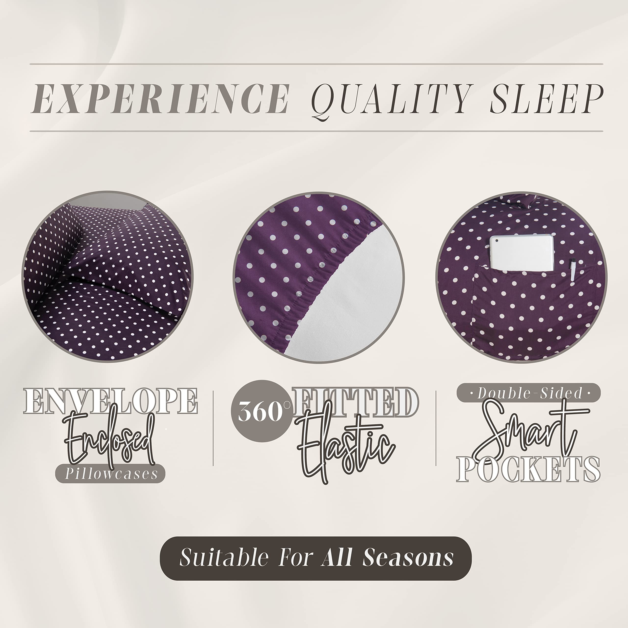 Elegant Comfort Delilah Polkadot 6-Piece Set, Fade & Wrinkle Resistant, 1500 Premium Hotel Quality Microfiber Deep Pocket Fitted Sheet Featuring Smart Pockets, Polkadot Sheet Set, Queen, Purple