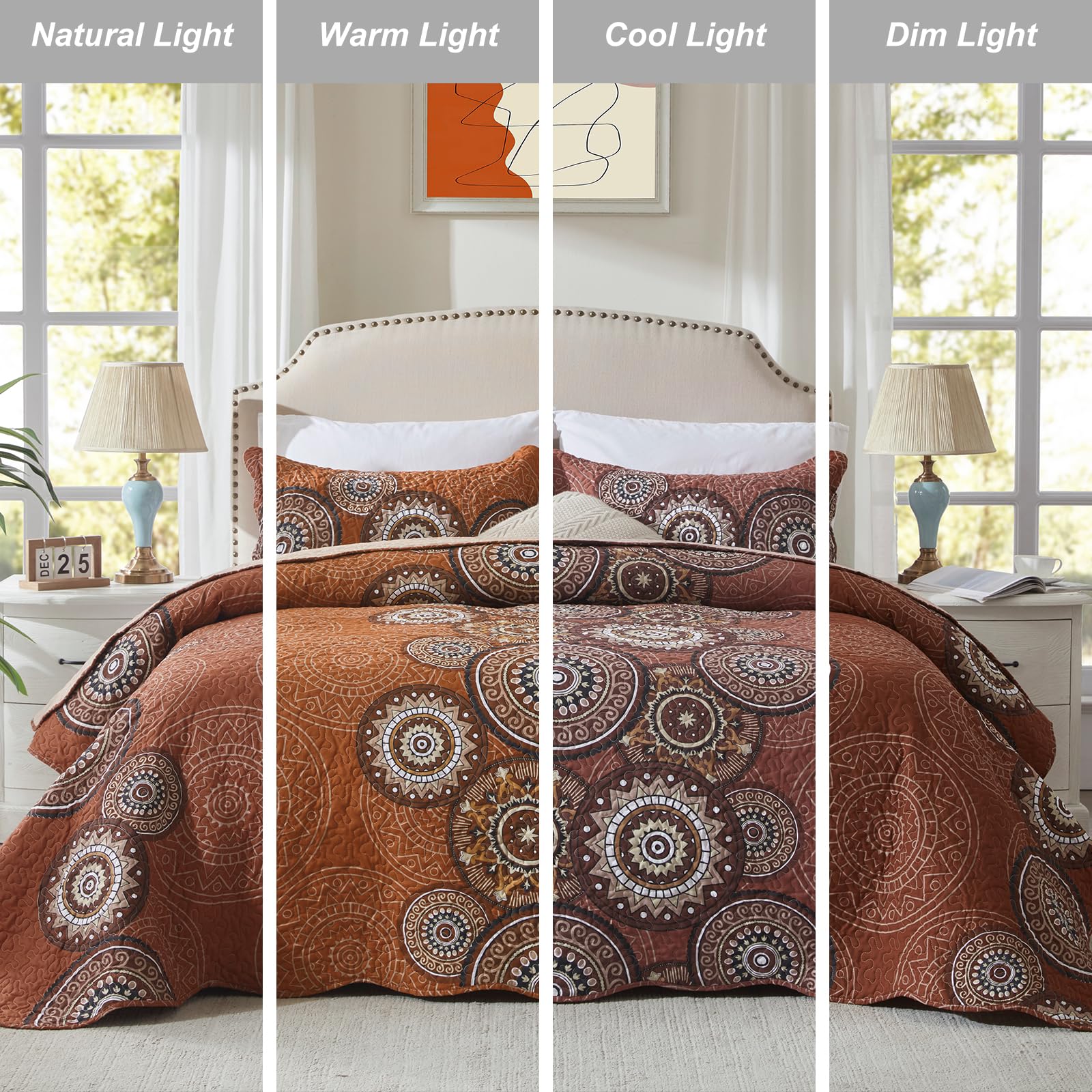 Leaonme 3-Piece Full Queen Size Burnt Orange Rust Quilt Set Lightweight Oversized Bedspread 90''X98'' Soft Microfiber Floral Cov