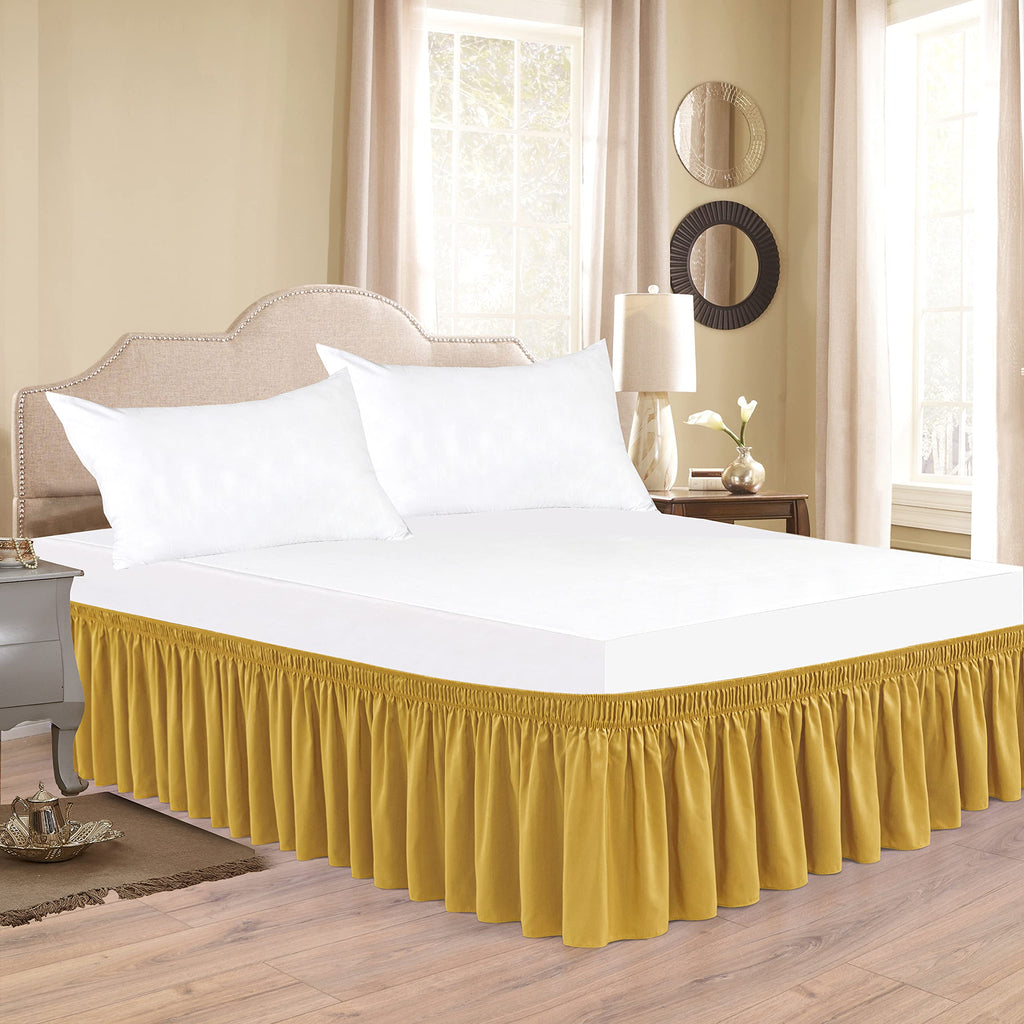 Biscaynebay Wrap Around Bed Skirts For King & Cal King Beds 16' Drop, Gold Adjustable Elastic Dust Ruffles Easy Fit Wrinkle Resistant Silky Luxurious Fabric Machine Washable