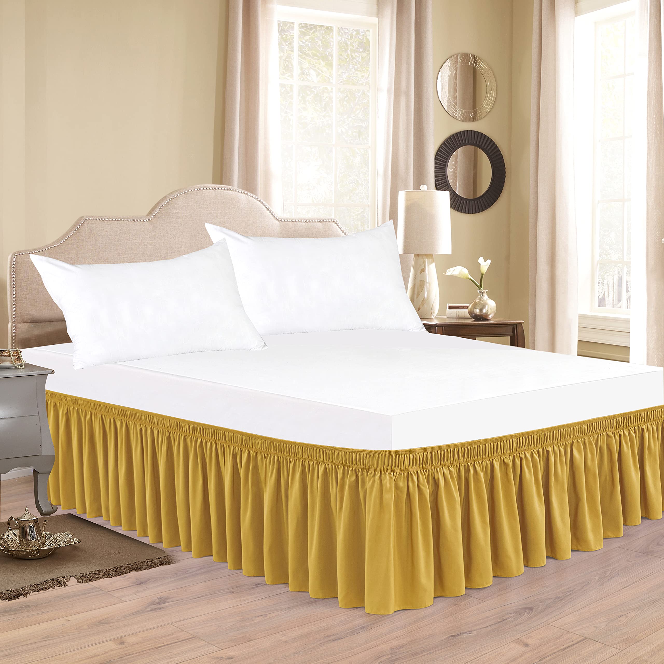 Biscaynebay Wrap Around Bed Skirts For King & Cal King Beds 16' Drop, Gold Adjustable Elastic Dust Ruffles Easy Fit Wrinkle Resistant Silky Luxurious Fabric Machine Washable