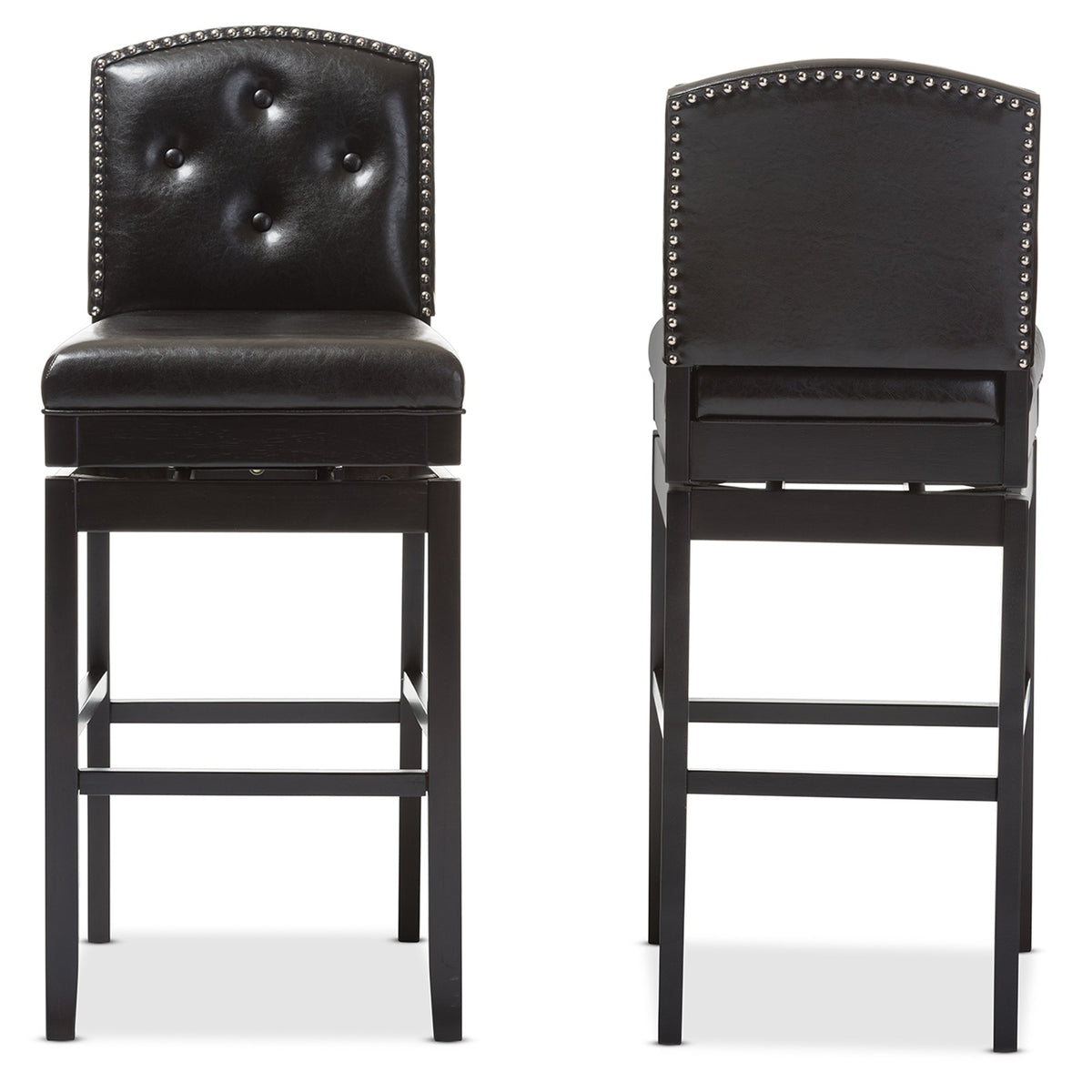 Baxton Studio Ginaro Modern & Contemporary Faux Leather Button-Tufted Upholstered Swivel Bar Stool (Set of 2), Dark Brown