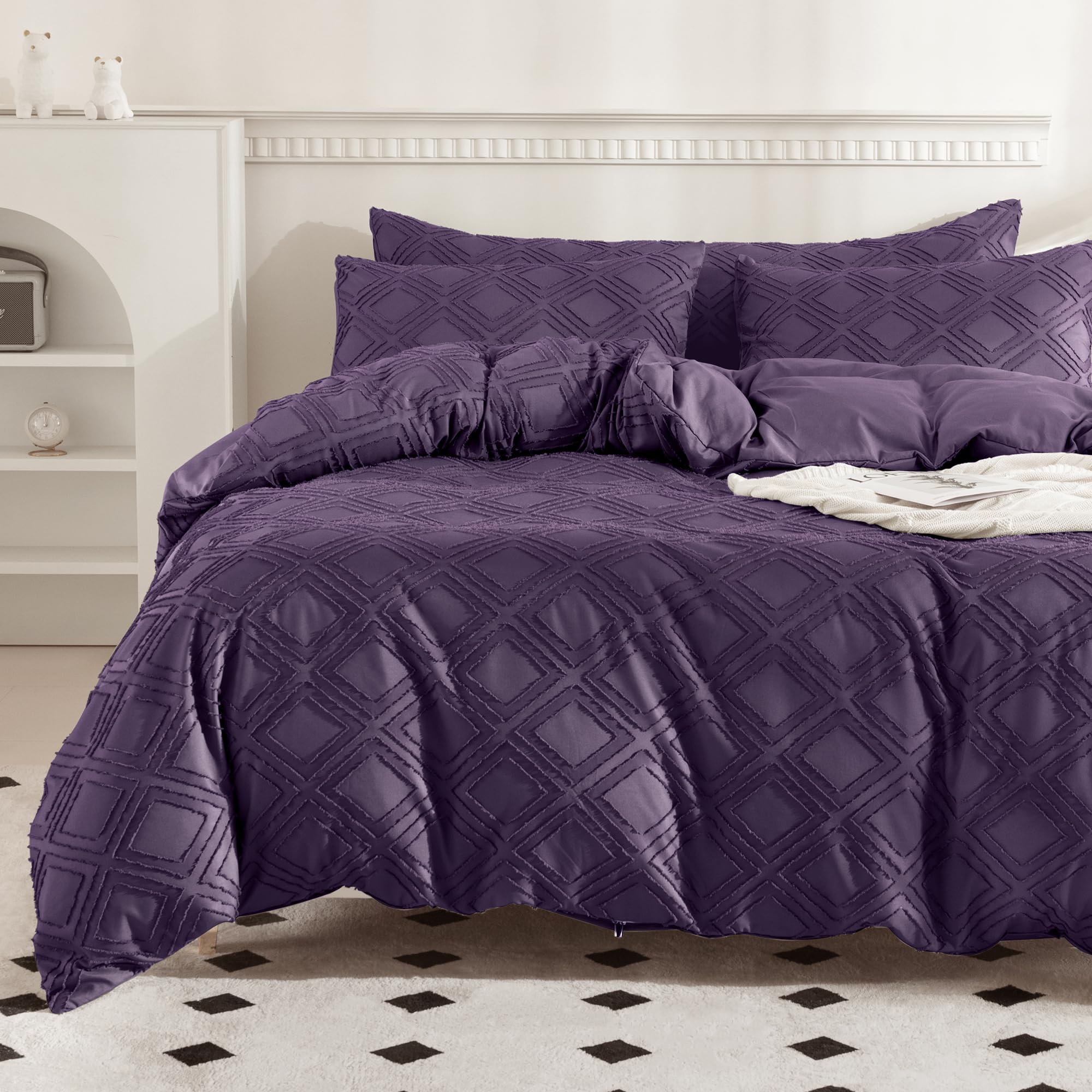 Jellymoni Purple Duvet Cover Twin Size - 3 Pcs Microfiber Tufted Duvet Cover Set, Boho Textured Duvet Cover Jacquard Rhombus Geo