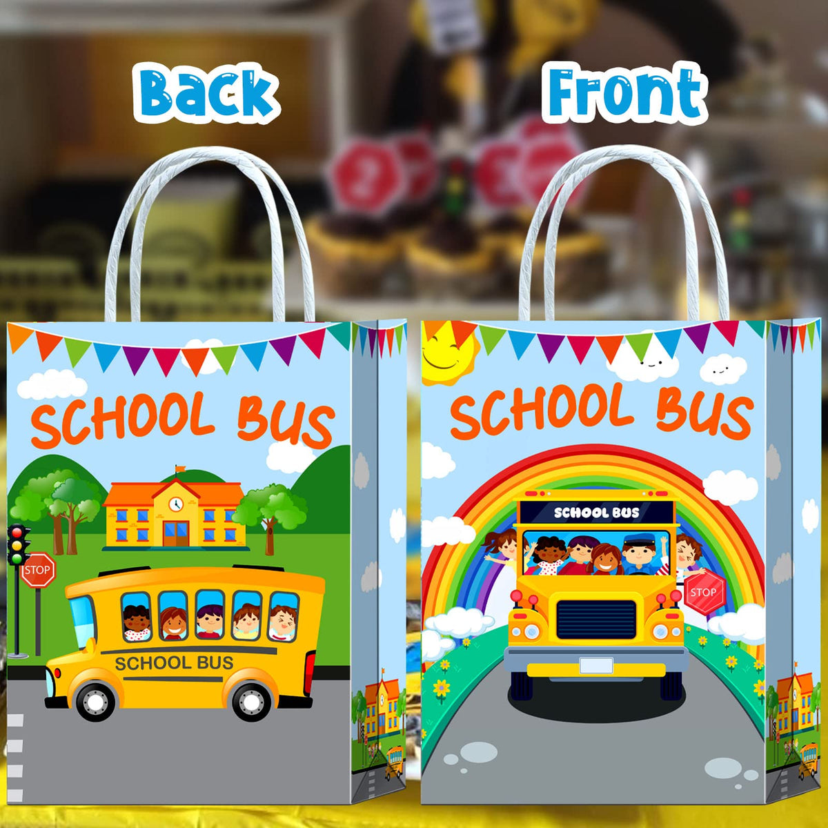 16 Pieces School Bus Goodie Bags For School Bus Birthday Party Supplies,School Bus Gift Snacks Treat Candy Party Favors Bags Wit