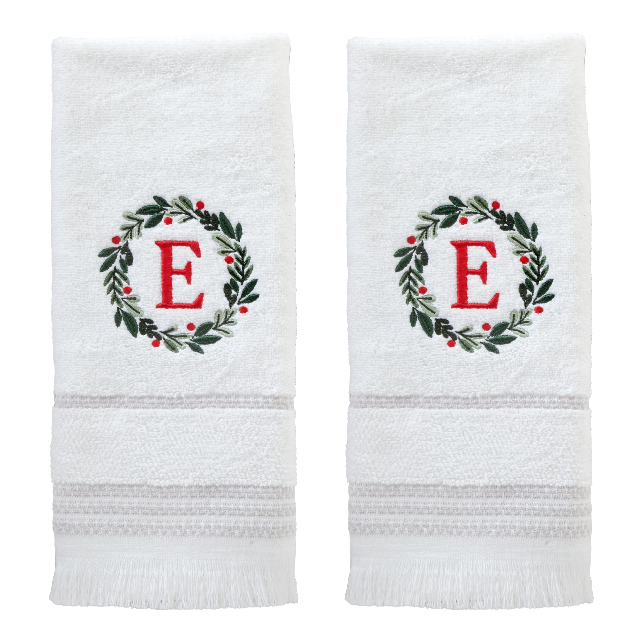 SKL Home Christmas/Winter Wreath Monogram Hand Towel E 2pc Set for Bath/Kitchen/Bar & Gift, White