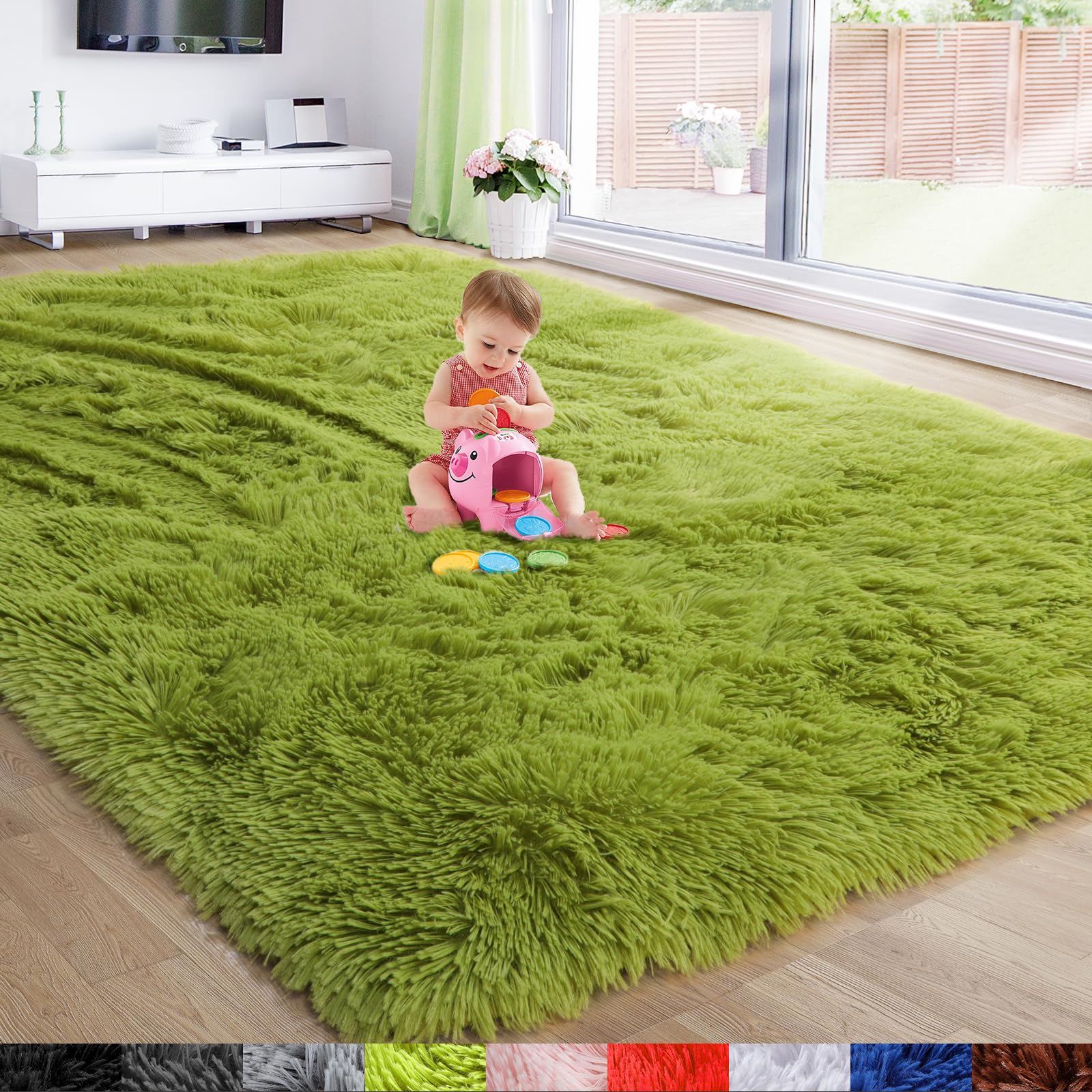 Grass Green Area Rug for Bedroom,4X6,Fluffy Shag for Living Room,Furry Carpet for Kids Room,Shaggy Throw Rug for Nursery Room,
