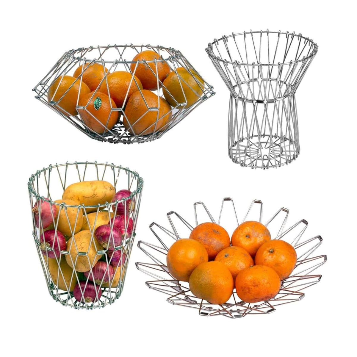 Stainless Steel Wire (Set Of 1) Flexible 8 Shapes Multipurpose Foldable Fruit And Vegetable Hexagonal Basket For Kitchen Dining