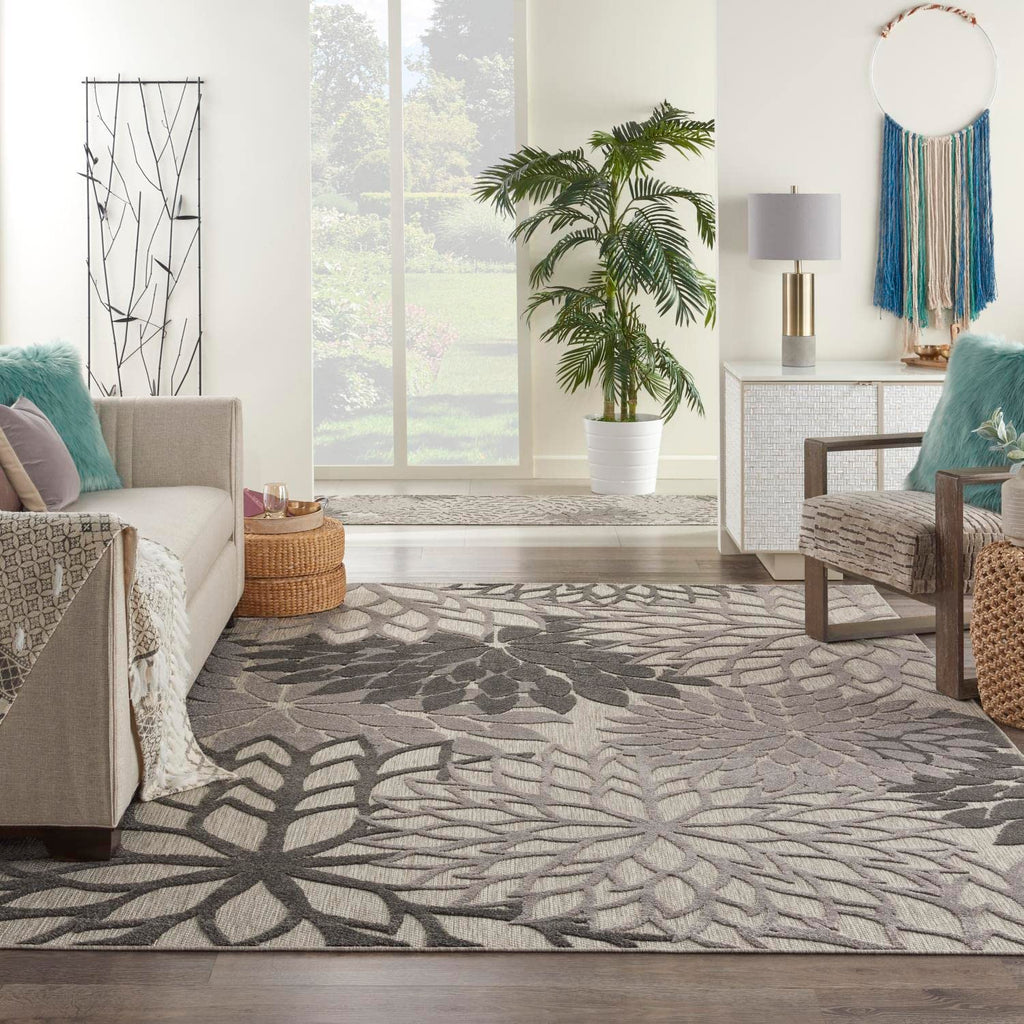 Nourison Aloha Indoor/Outdoor Floral Silver Grey 9'6' X 13' Area Rug, (10' X 13')