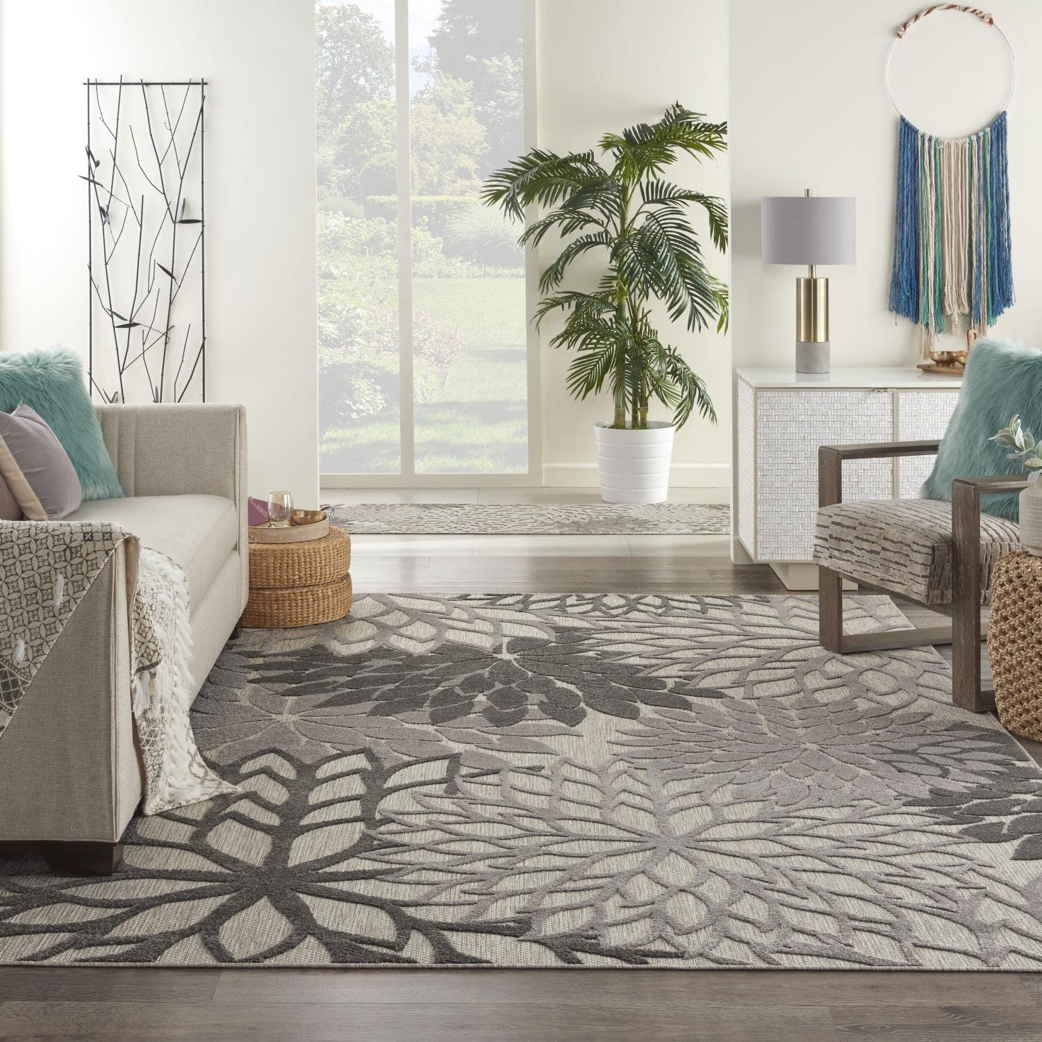 Nourison Aloha Indoor/Outdoor Floral Silver Grey 9'6' X 13' Area Rug, (10' X 13')