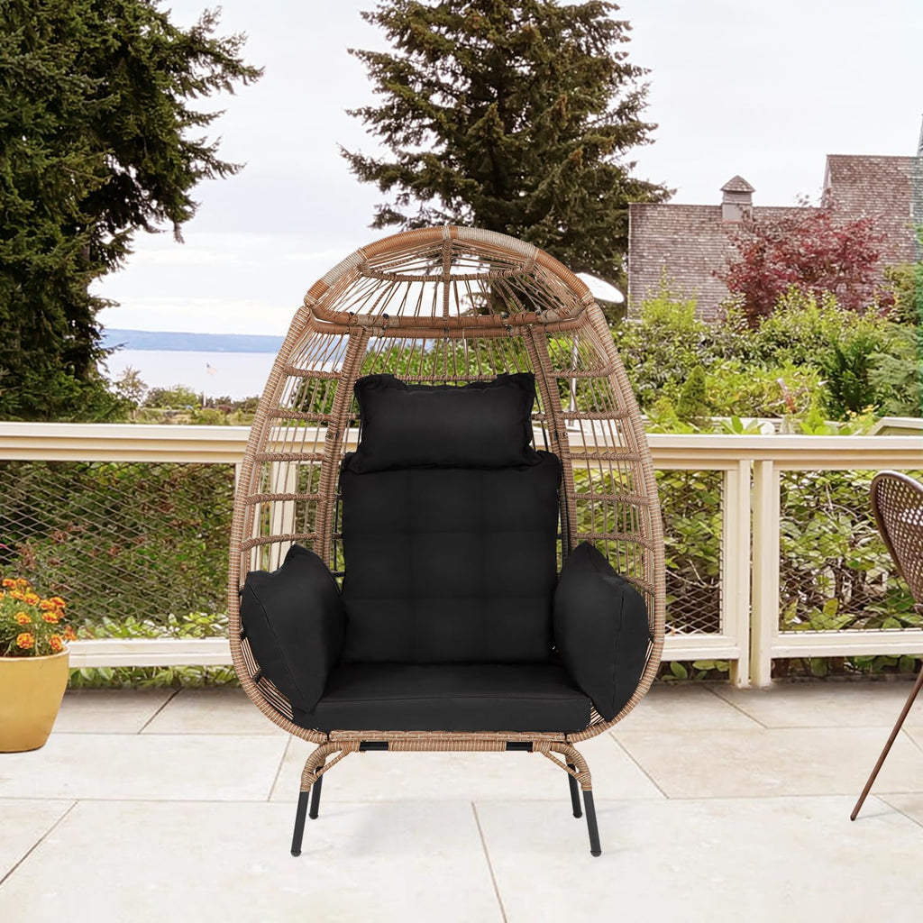Paylesshere Egg Chair Egg Basket Rattan Chair Steel Frame Oversized Indoor Outdoor Lounger Simple Installation With 4 Comfort Cushion And Stand,352Lb Capacity For Patio Garden Living Room,Black