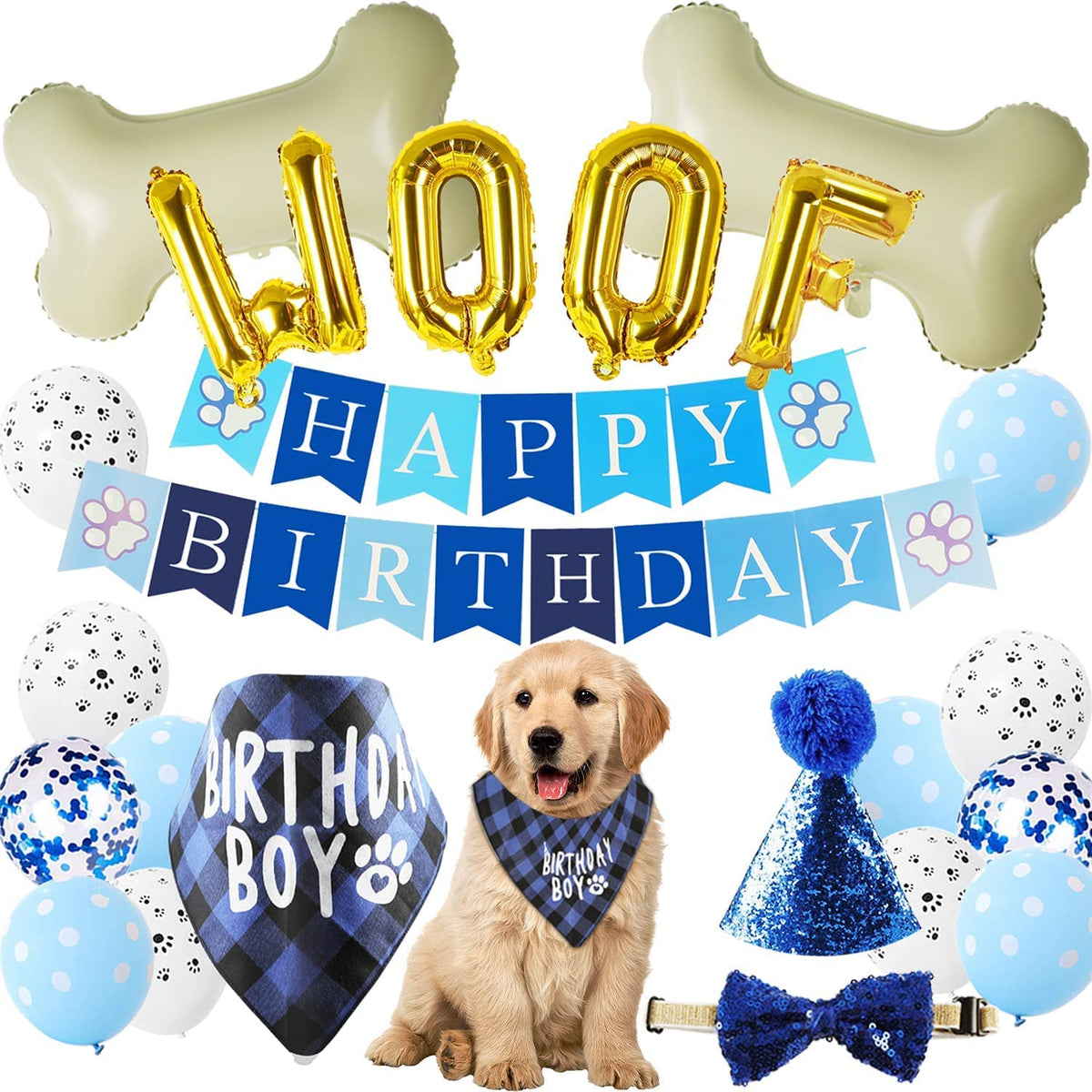 KUTKUT Dog Birthday Party Supplies, Blue Boy Dog Bandana Hat Scarfs Flag Bowtie Birthdays Banner Paw Balloons Bone Foil Balloons