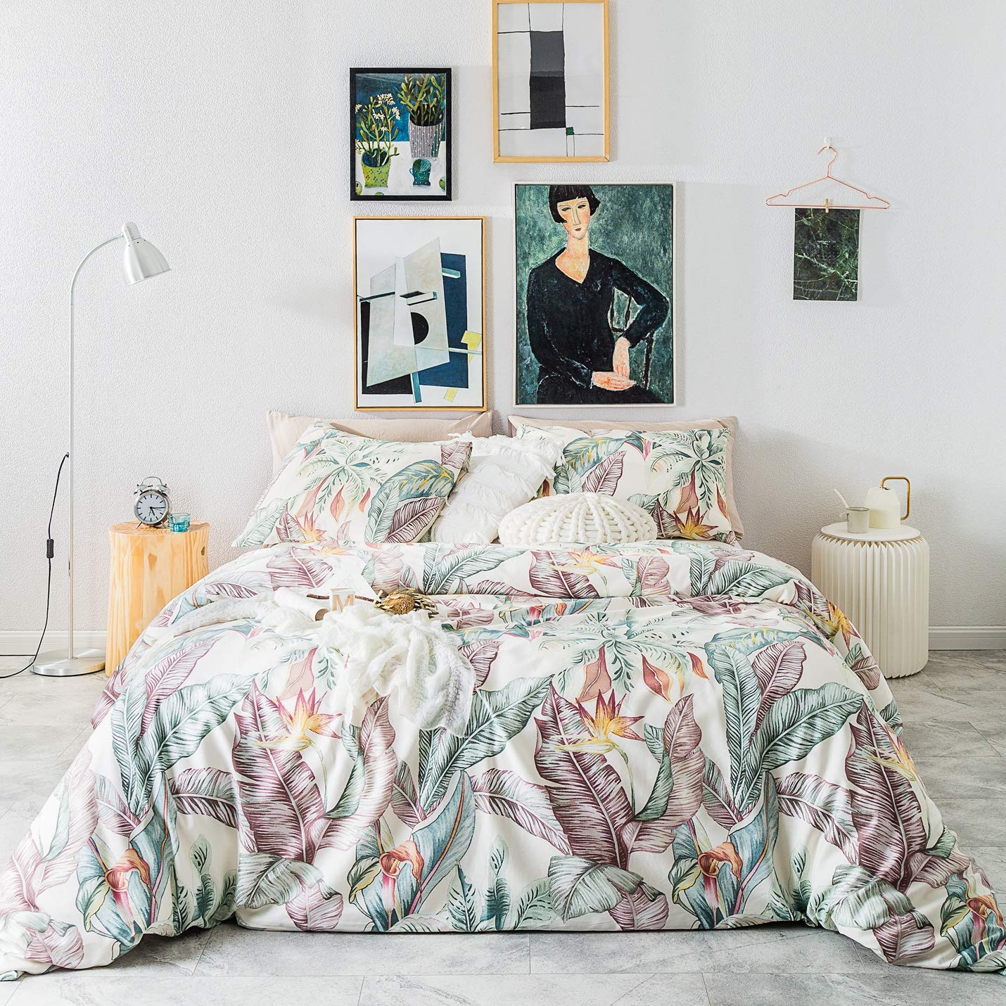 Susybao Rainforest Botanical Duvet Cover Queen 100% Egyptian Cotton Green Tropical Duvet Cover 3 Pcs Set 1 Hawaiian Floral Duvet
