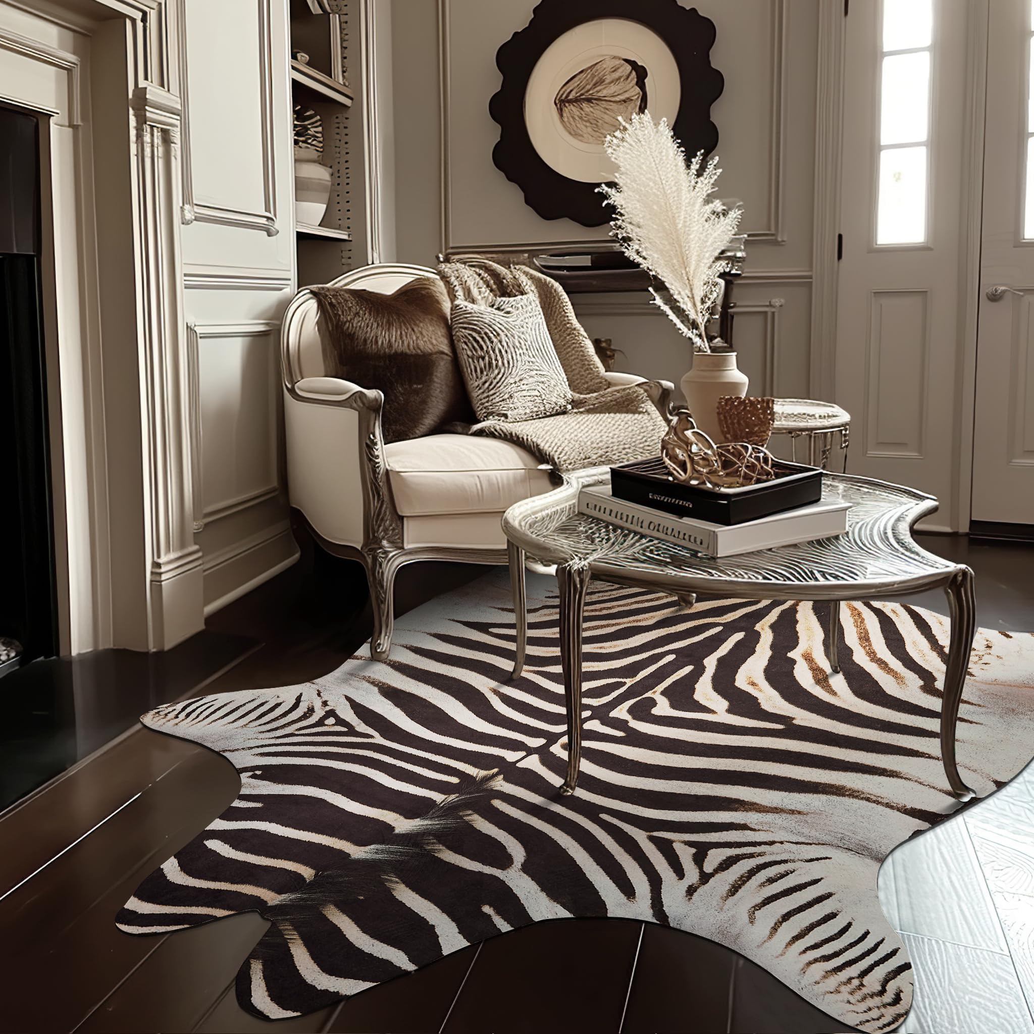 jinchan Zebra Print Area Rug Faux Skin Cowhide Animal Design Mat Faux Suede Indoor Floorcover for Bedroom Living Room 5x6 Safari
