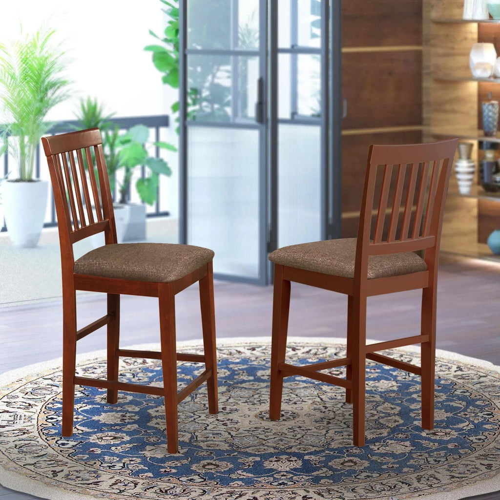 East West Furniture Vernon Counter Stool-Linen Fabric Pub Height Wooden Chairs, Set of 2, Mahogany