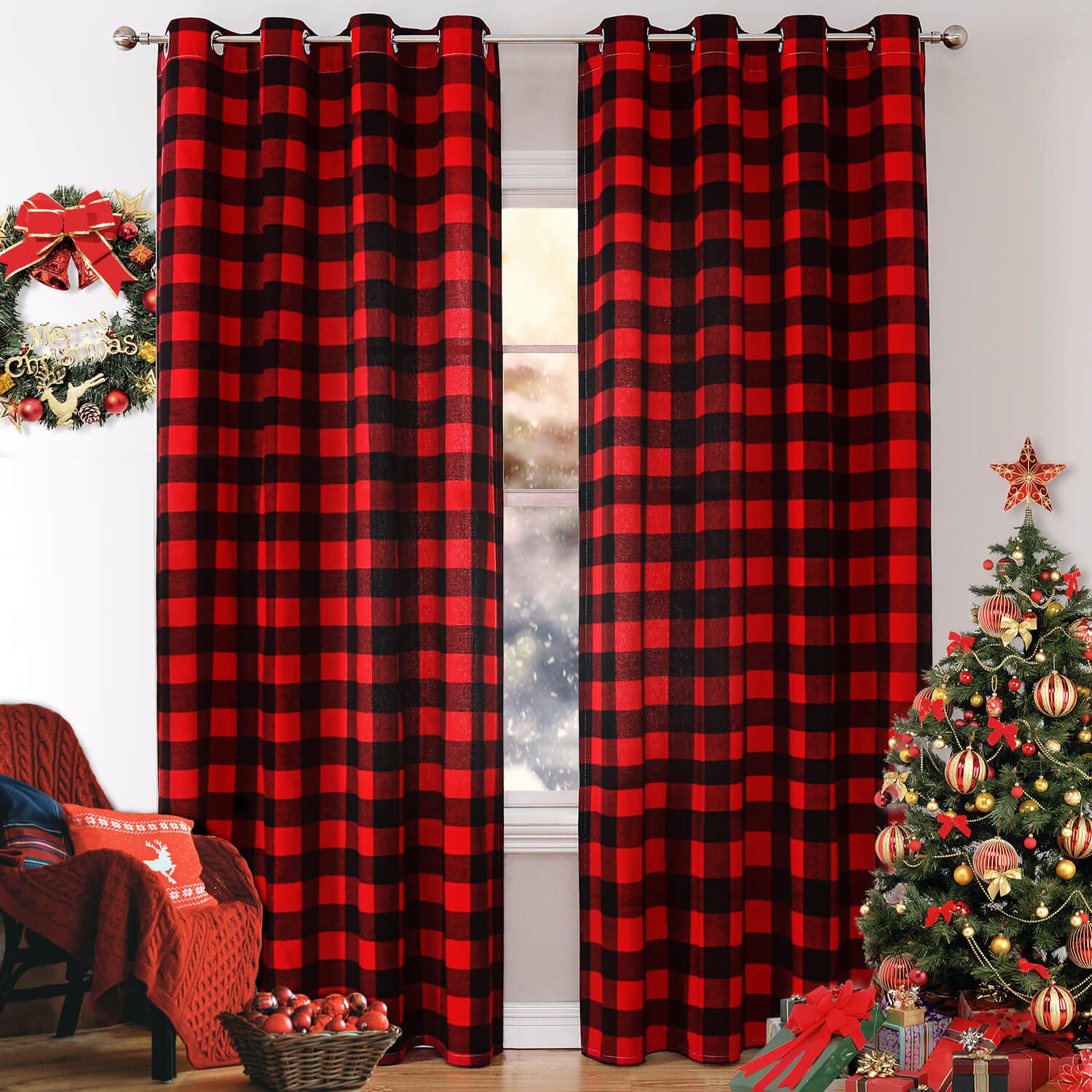 WANSOUL Red Buffalo Plaid Curtains 2 Panels,Christmas Red and Black Check Grommets Room Darkening Curtain Drapes for Farmhouse L