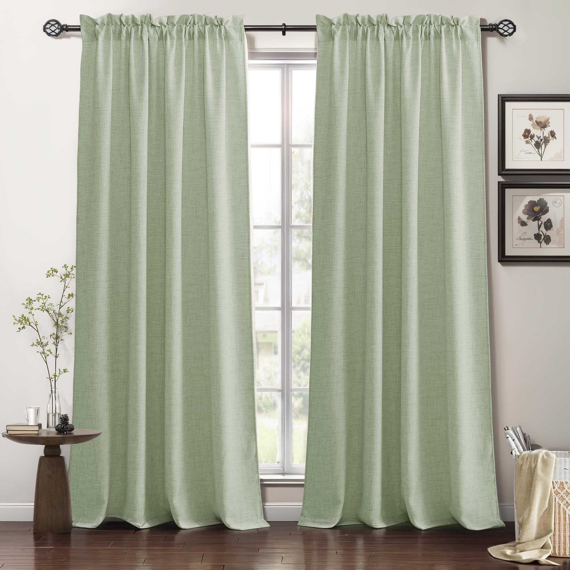 Ryb Home Linen Sheer Curtains And Drapes For Living Room And Dining Room 96 Inches Length, Breathable Weave Textured/Rod Pocket Semi Sheer Curtains, Sage Green, W 52 X L 95 Inches, 2 Panels Set