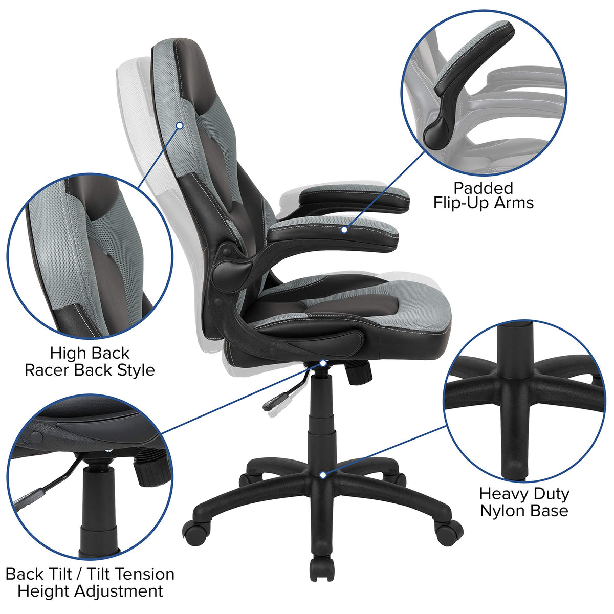 Flash Furniture Optis Black Gaming Desk and Gray/Black Racing Chair Set with Cup Holder, Headphone Hook & 2 Wire Management Holes