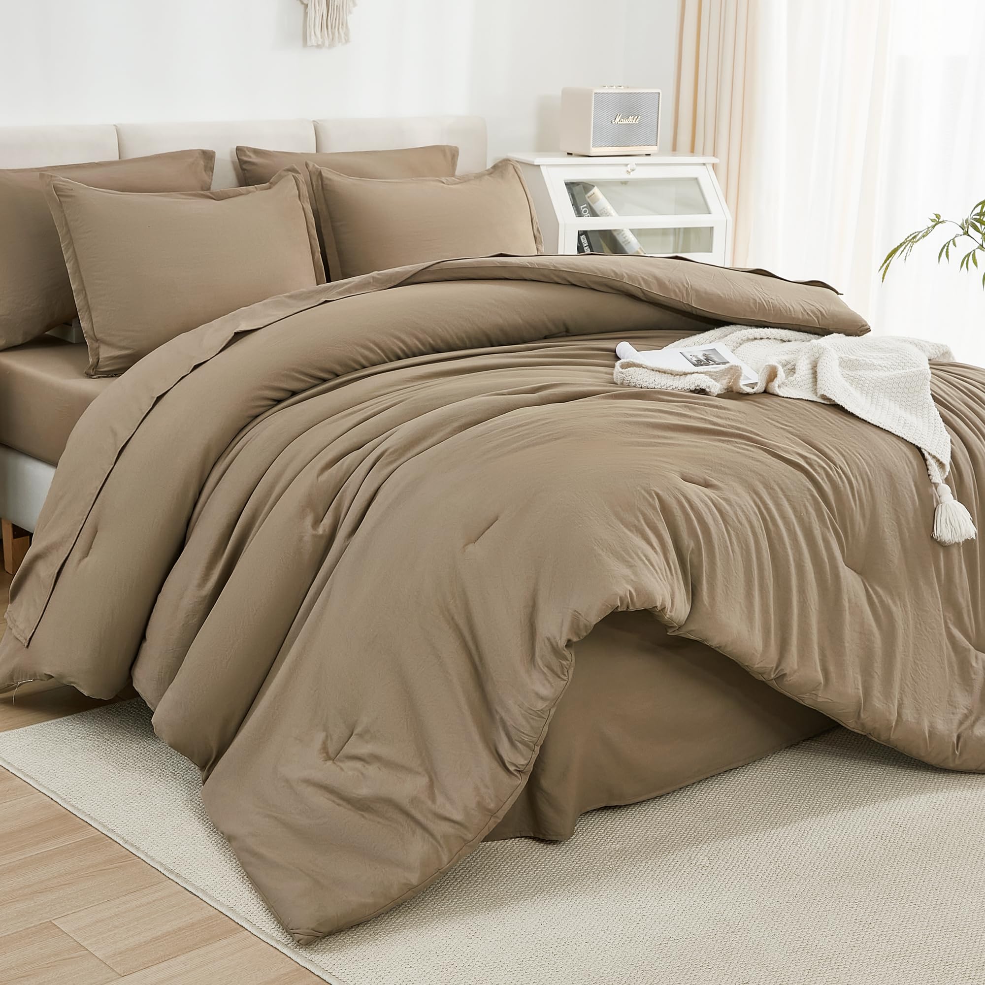 Litanika King Size Comforter Set Taupe - 7 Pieces Bed In A Bag King Beddding Comforter Sets, Solid Lightweight Bed Set With Comf