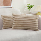 Decoruhome Faux Fur Throw Pillow Covers 12X20 Set Of 2, Decorative Soft Plush Striped Lumbar Couch Pillow Covers With Velvet Back For Sofa, Bed, Living Room, Khaki