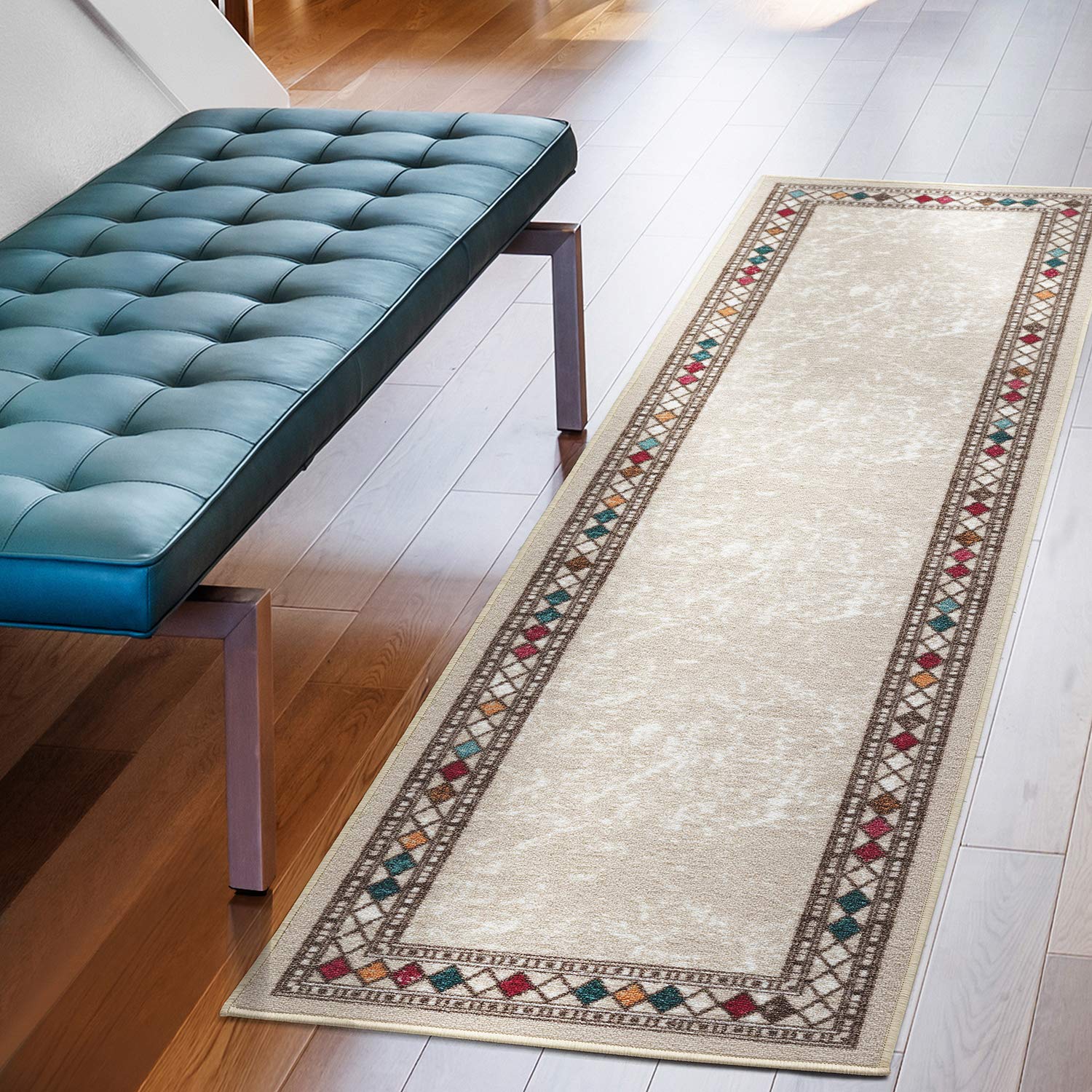 Antep Rugs Alfombras Modern Bordered 2x7 Non-Skid (Non-Slip) Low Profile Pile Rubber Backing Indoor Area Runner Rugs (Beige, 2 
