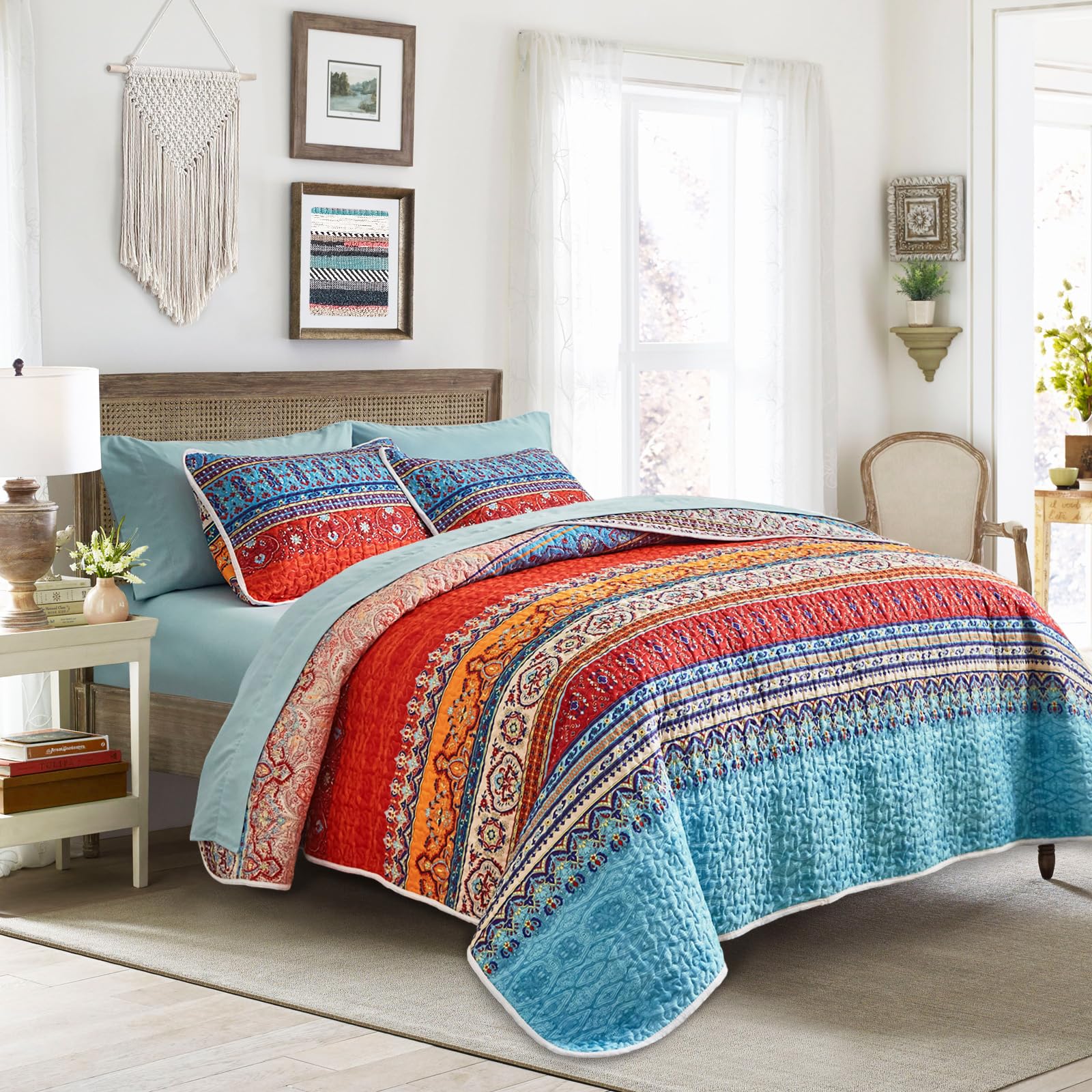3 Pieces Colorful Bohemian Quilt Set King Size, Boho Striped Blue N Red Printed Bedding Bedspread Coverlet Set For Summer, Soft