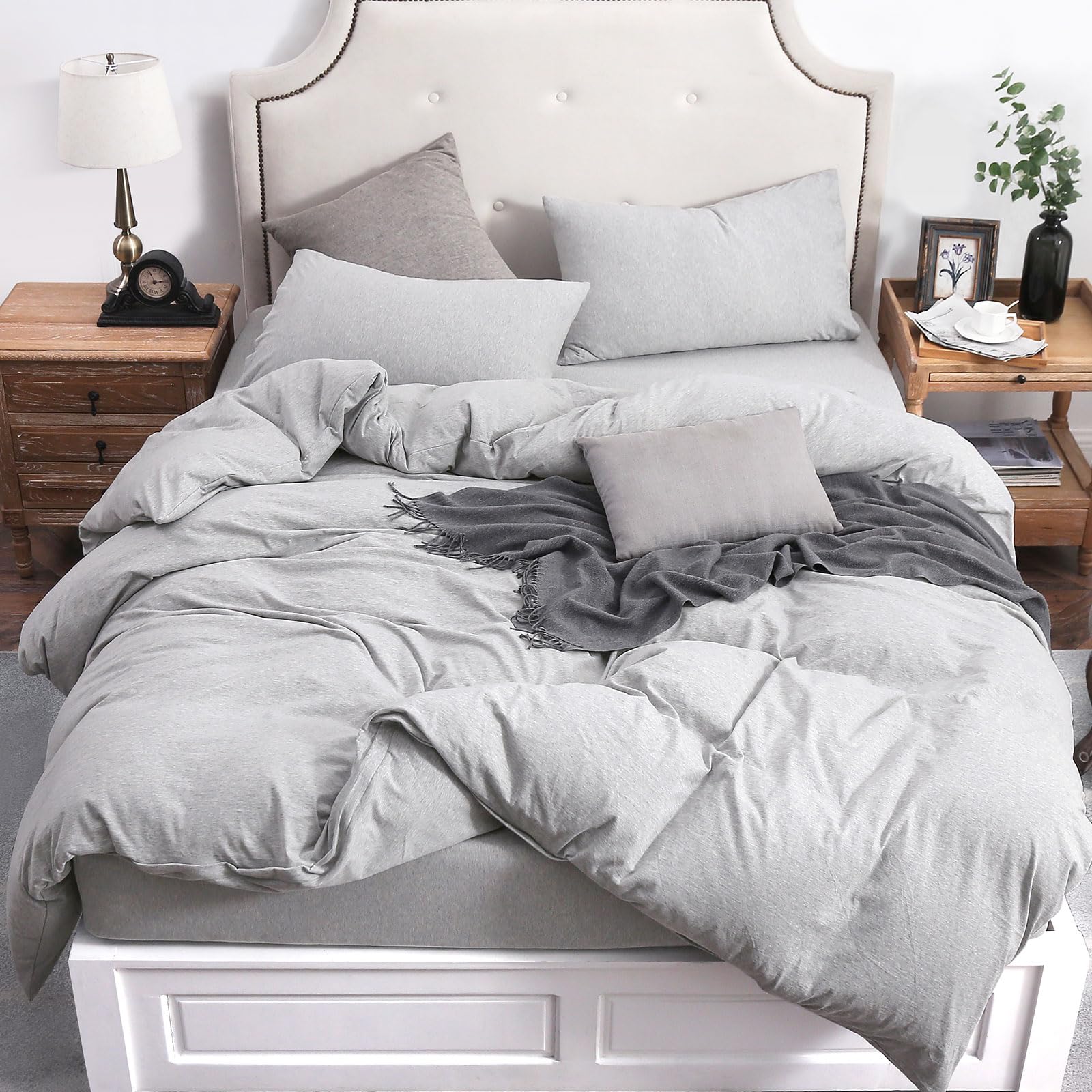 Pure Era Jersey Knit Duvet Cover Set 100% T-Shirt Cotton Super Soft Comfy 3Pc Bedding Set With Zipper Closure (Heather Grey, Ful