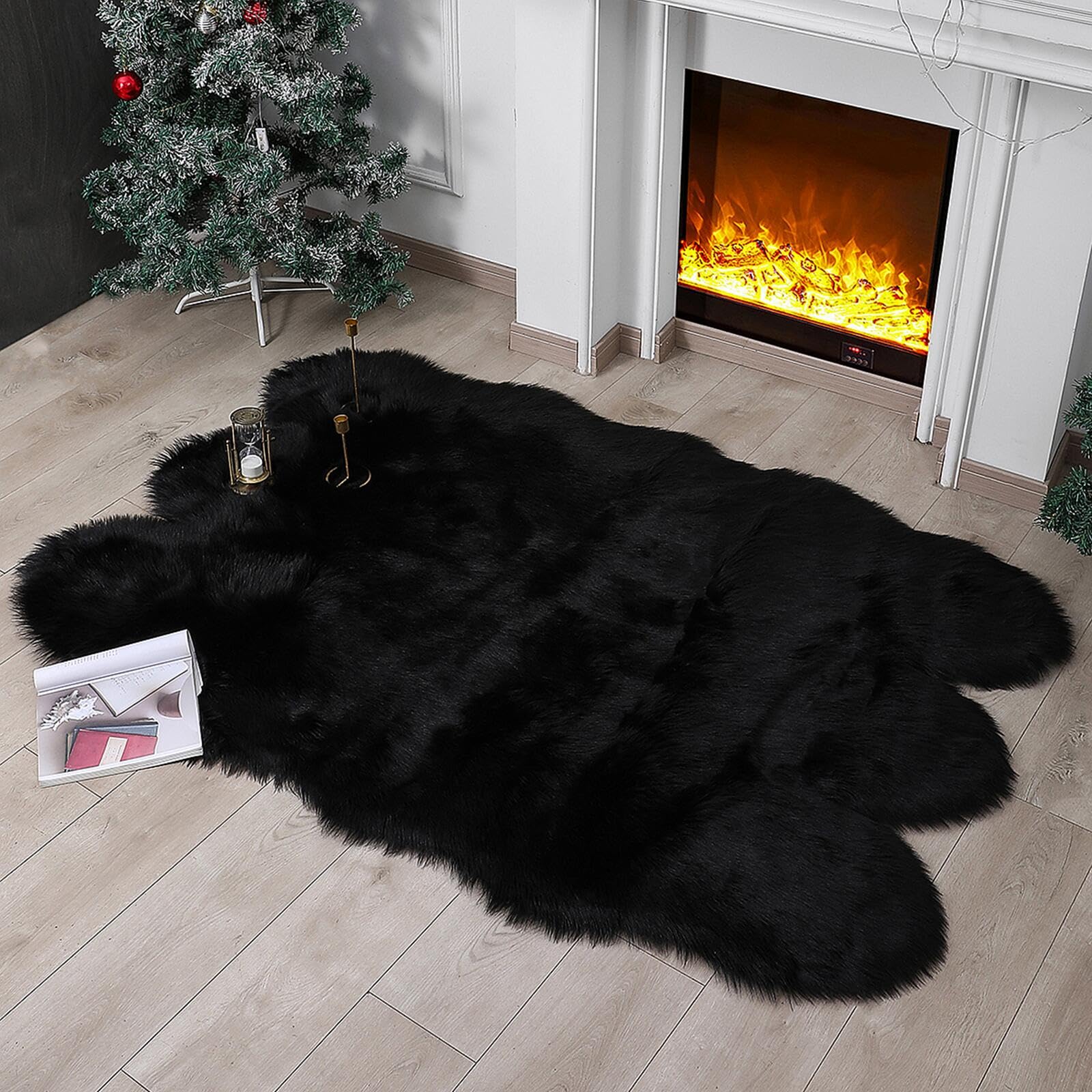 linmopm Faux Fur Rug Sheepskin Shag Fluffy Fuzzy Black 4x6 ft Rugs for Bedroom Bedside Bed Floor Living Room Plush High-Density 