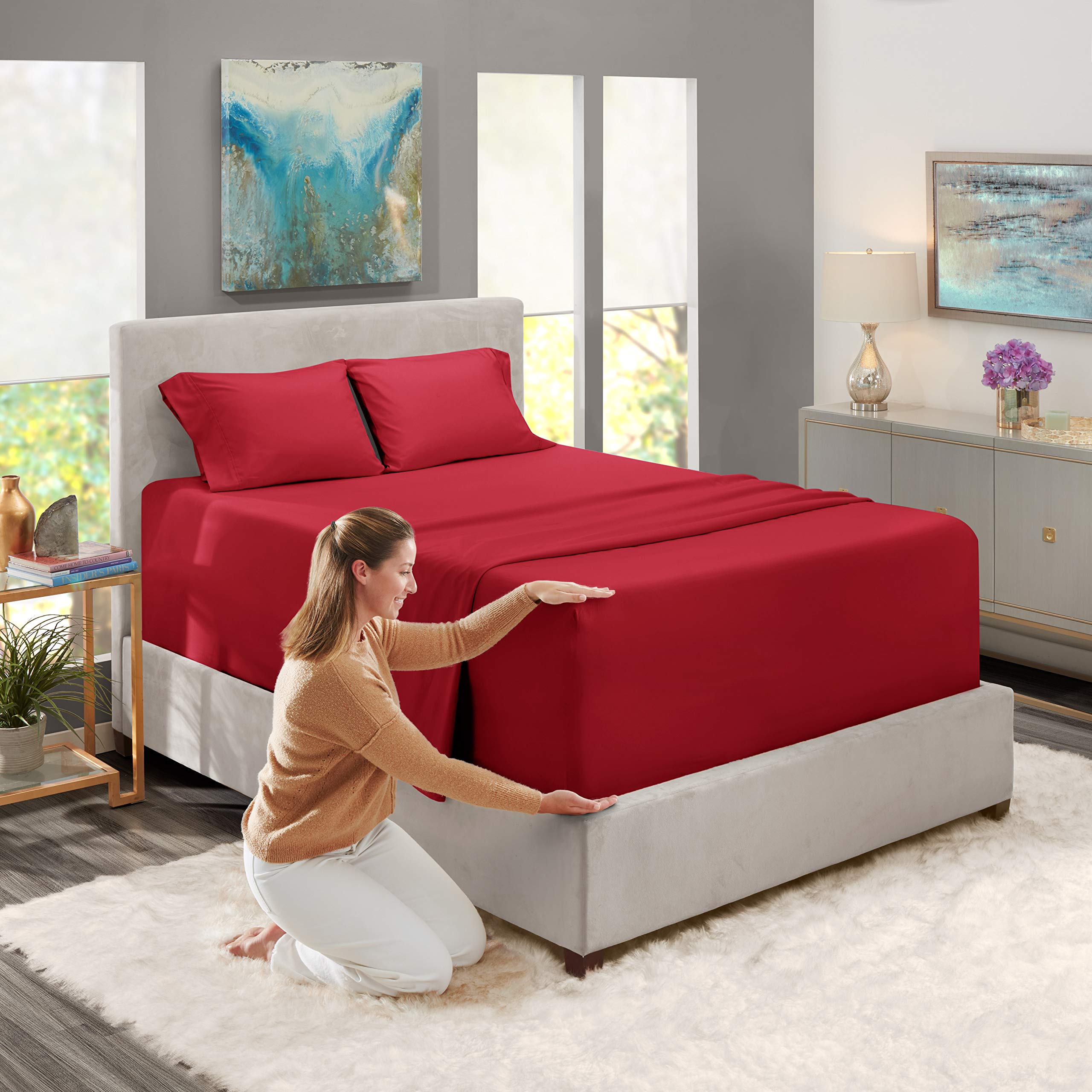 Nestl Extra Deep Pocket Sheets - Fits Mattress 18-24 Inches Deep, Extra Deep Pocket California King Size Sheets, 4 Piece Cal King Sheets, Cal King Sheets Deep Pocket, Burgundy Red