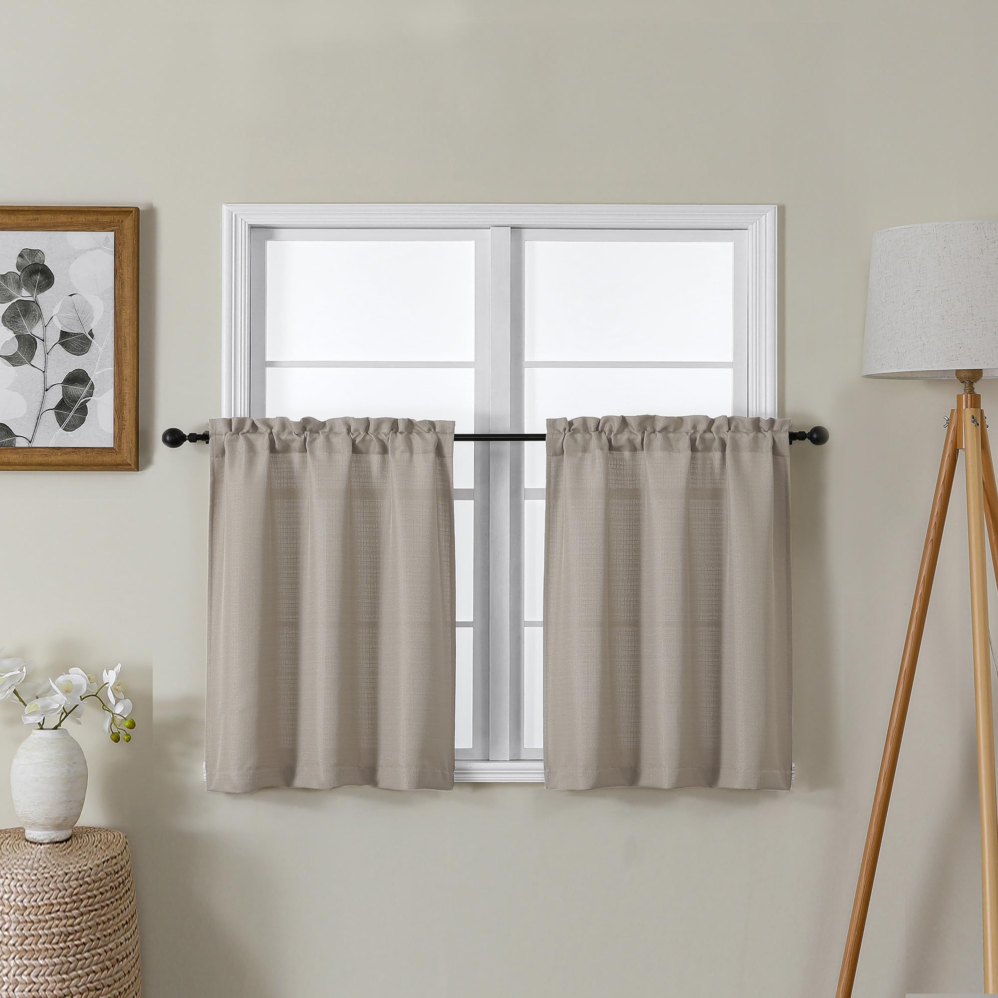 Lecloud Bessie Stone Short Curtains 24 Inch Length 2 Pcs, Faux Linen Cafe Kitchen Small Curtains with Rod Pocket, Light Filterin