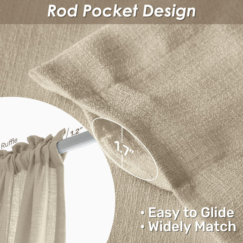 Melodieux Tan Semi Sheer Curtains 72 Inches Long For Bedroom, Living Room Linen Look Privacy Window Rod Pocket Sheer Drapes, 52'