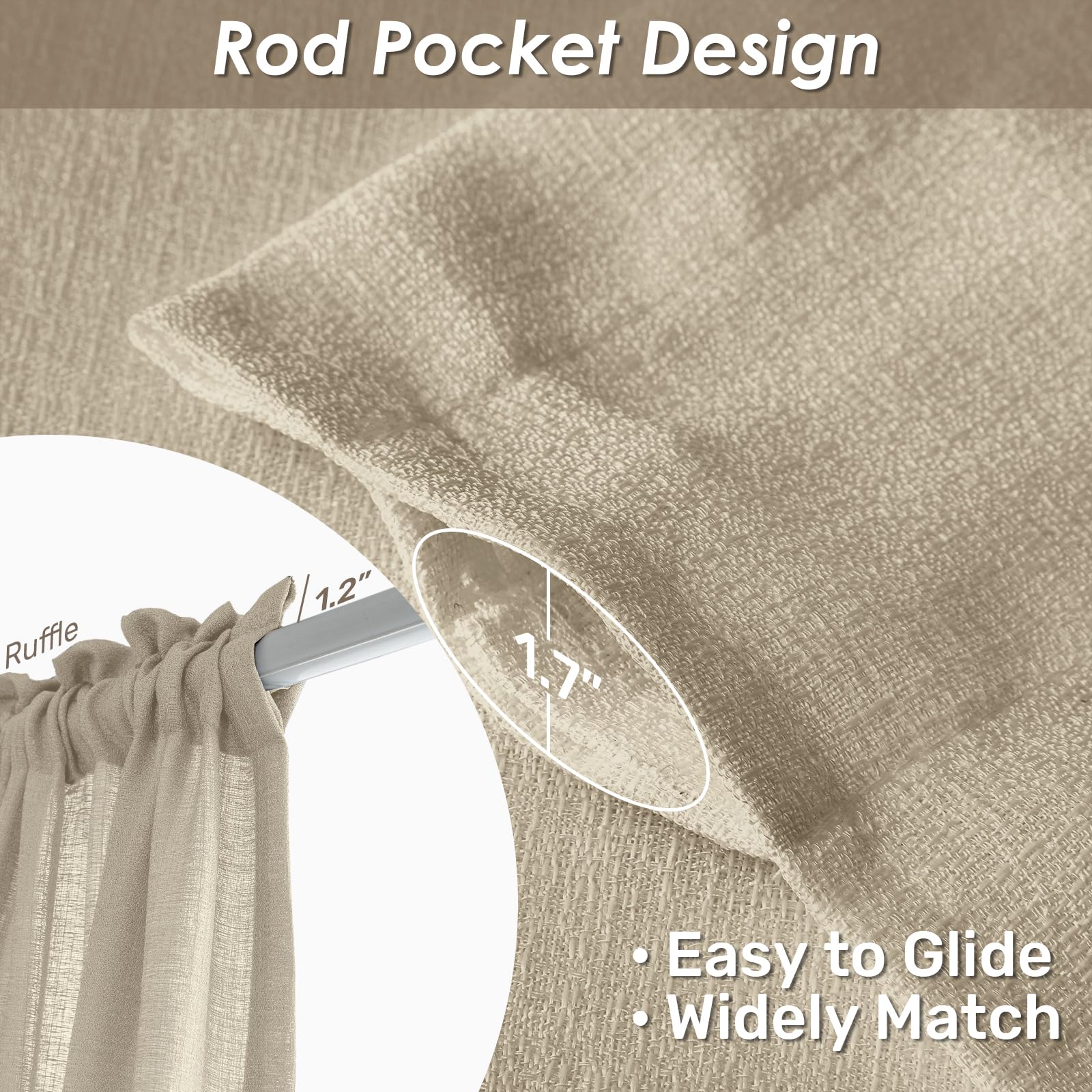 Melodieux Tan Semi Sheer Curtains 72 Inches Long For Bedroom, Living Room Linen Look Privacy Window Rod Pocket Sheer Drapes, 52'