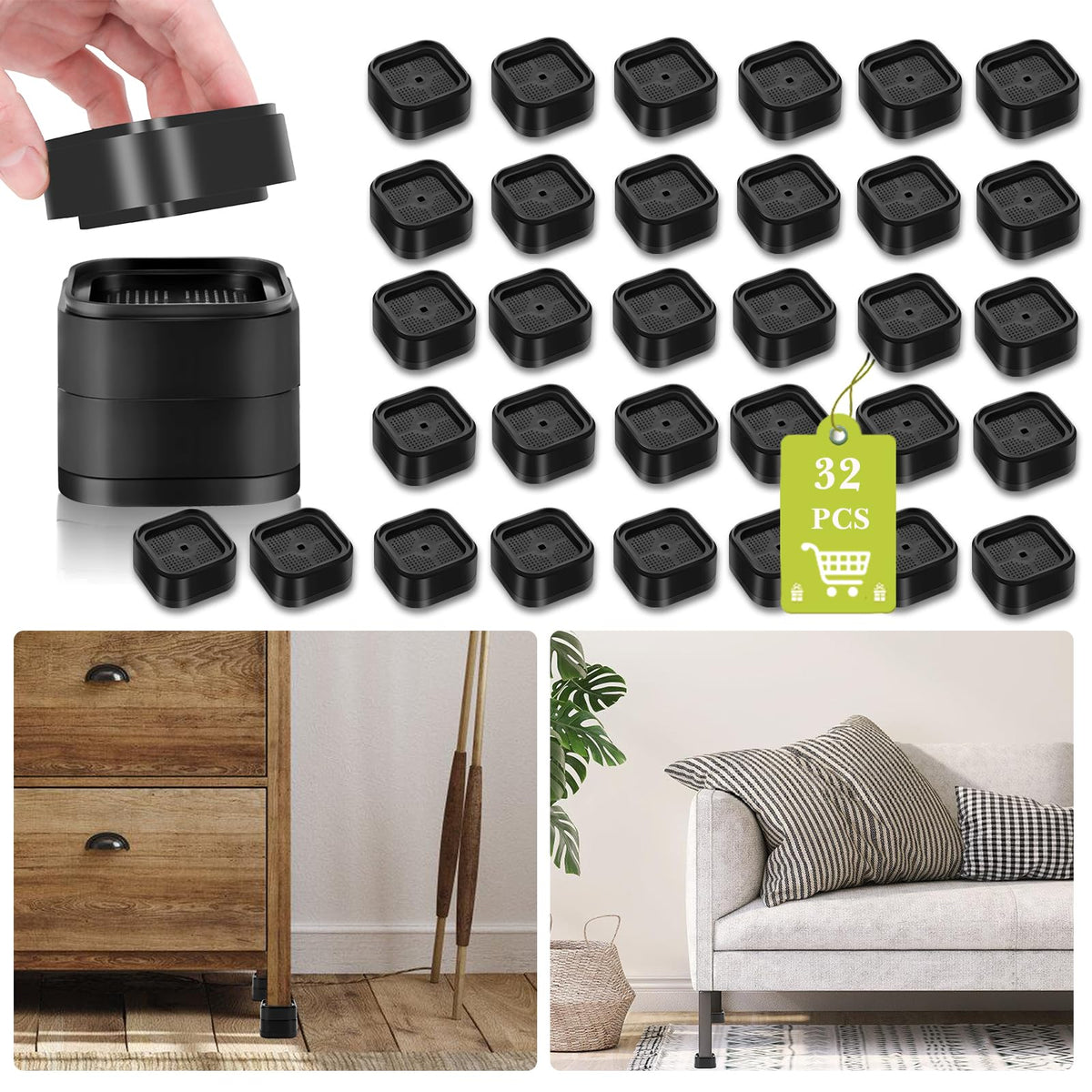 32 Pack Furniture Risers 1,2 Or 3 Inch, Adjustable Bed Risers Heavy Duty For Table Desk Couch Chair Sofa Cabinet Bed Legs Dorm,