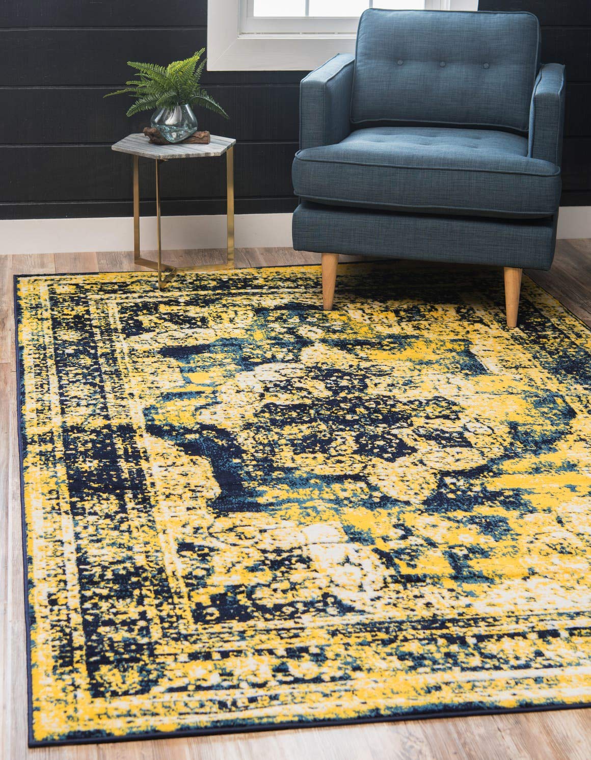 Unique Loom Sofia Collection Area Rug - Salle Garnier (3 3 x 5 3 Rectangle, Navy Blue/ Yellow)