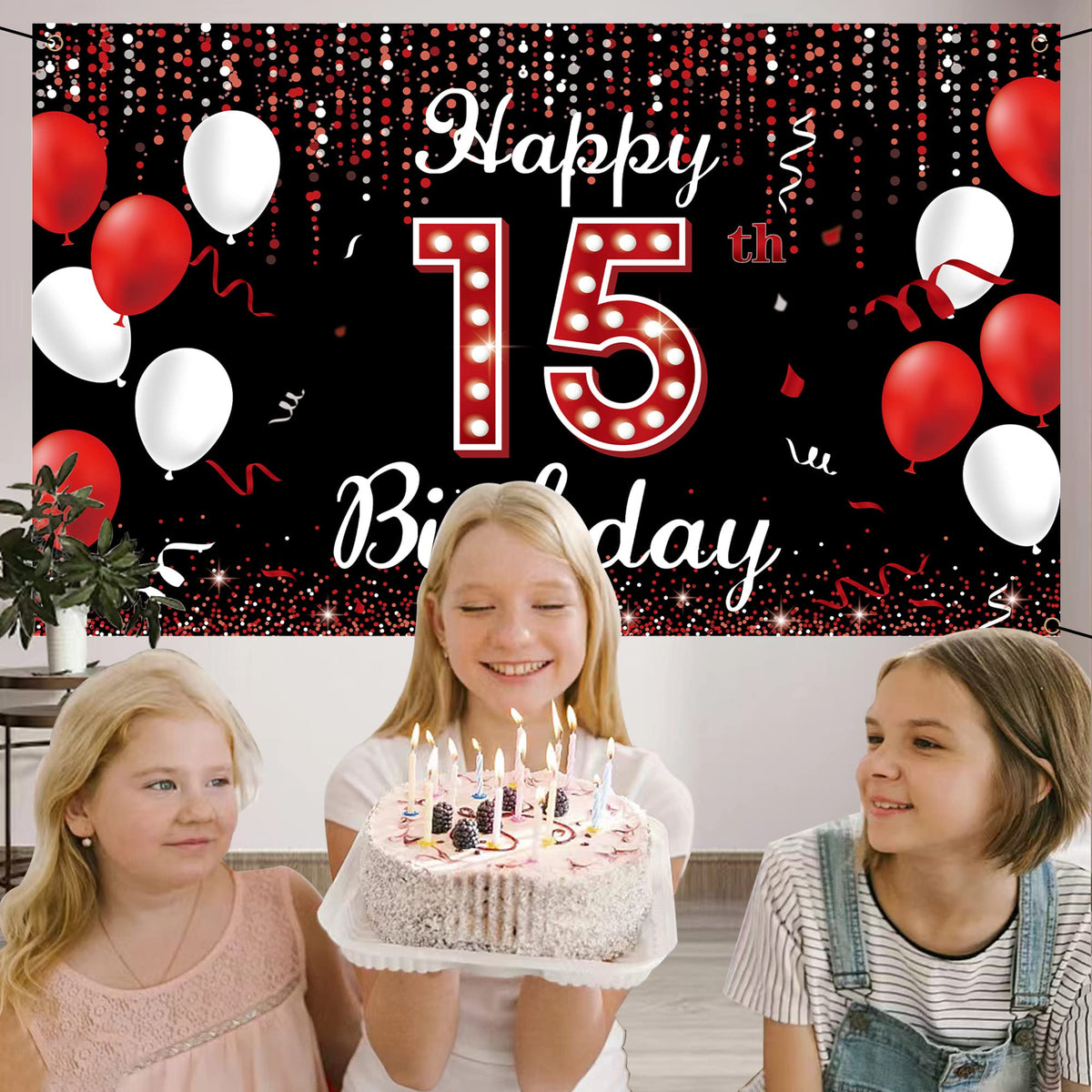 15Th Birthday Backdrop Banner, Happy 15Th Birthday Decorations For Girls, Red Black 15 Year Old Birthday Party Photo Booth Props