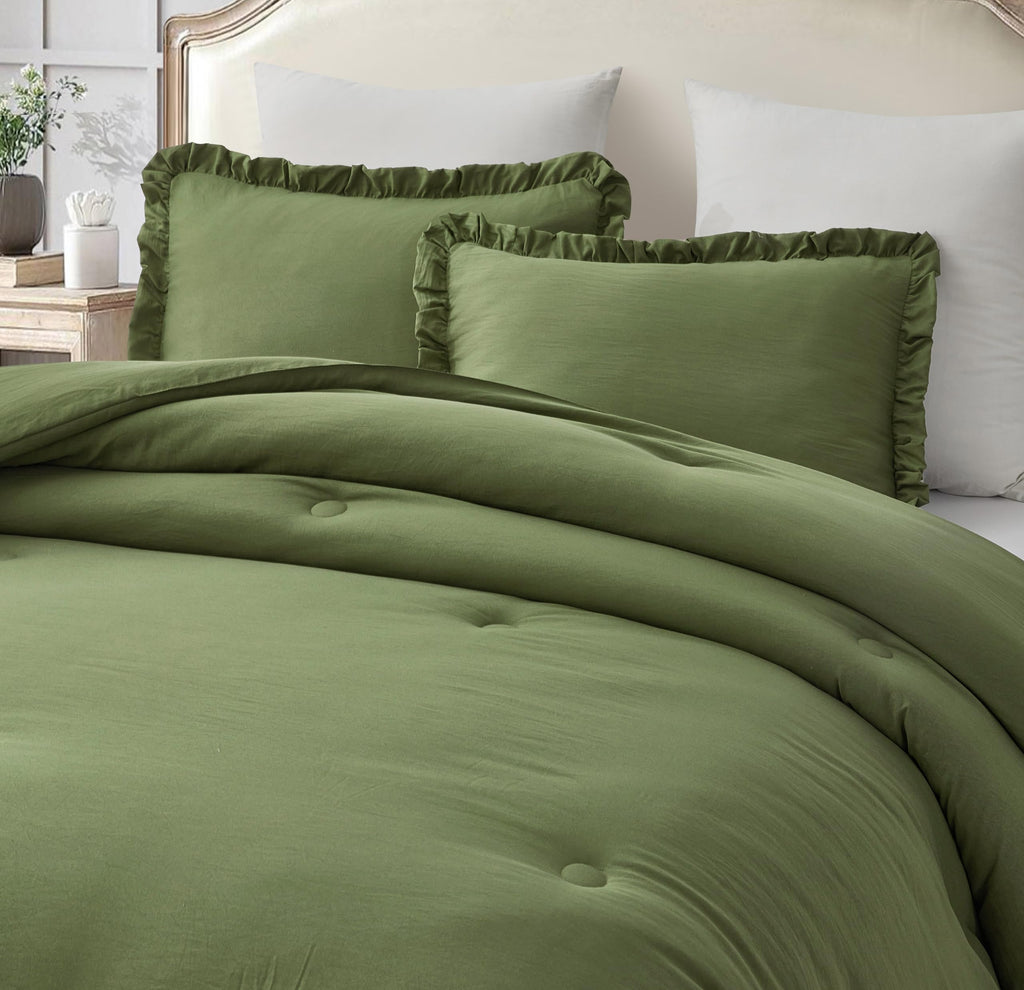 Chezmoi Collection Nora Olive Green Comforter Set Oversized King Size 3-Piece Fluffy Soft Lightweight Bedding Ruffled Edge Trim