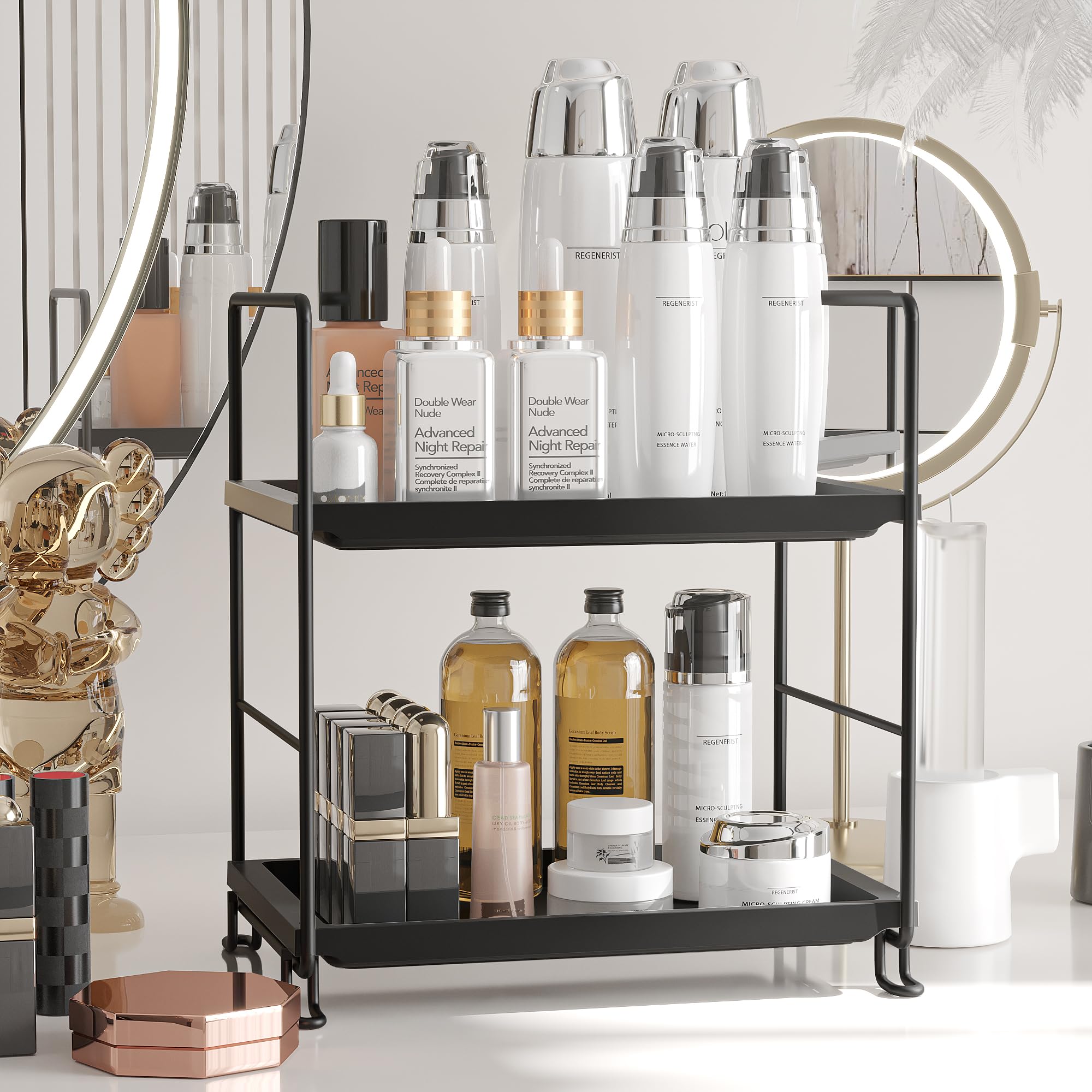 NLBTW 2-Tier Bathroom Counter Organizer, Thickened Plastics Makeup Skincare Perfume Organizers for Vanity, Tool-Less Installatio
