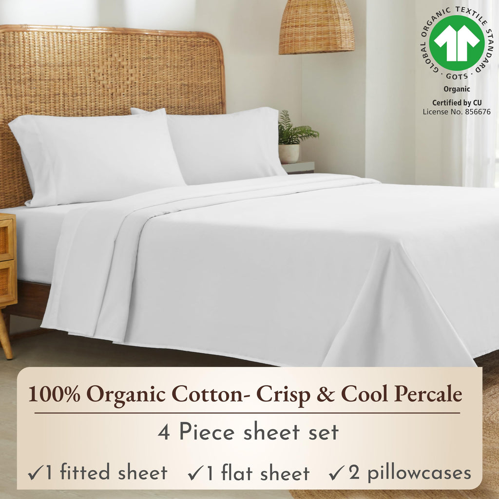 California Design Den 100% Organic Cotton Sheets For Queen Size Bed, Deep Pockets, Percale Sheets Queen, Gots Certified, Soft Co