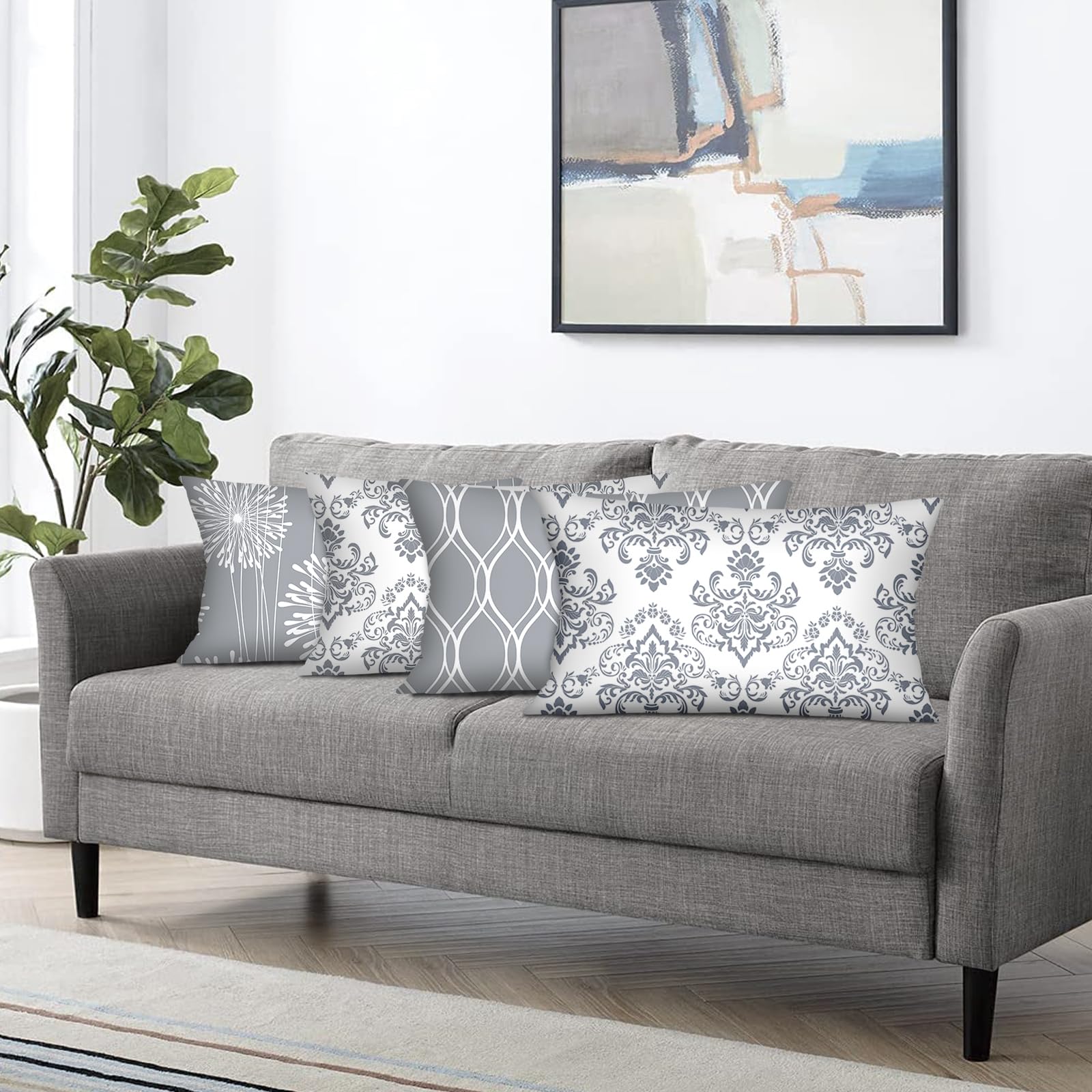 Coliuso Decorative Lumbar Pillow Covers 12X20 Set Of 4, Grey And White Modern Simple Square Pillow Case Cushion Cover For Sofa C