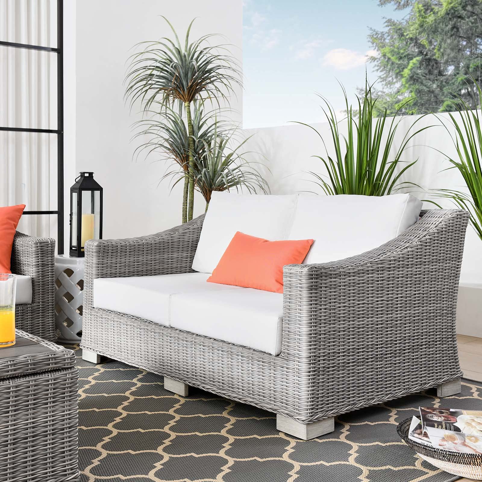 Modway Conway Outdoor Patio Wicker Rattan, Loveseat, Light Gray White