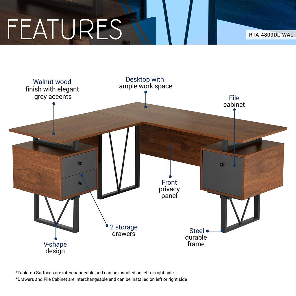 Techni Mobili Reversible L Shaped Desk With File Cabinet And Drawers 59” W – Modern Versatile L Shaped Office Desk With Drawers And File Cabinet - Brown